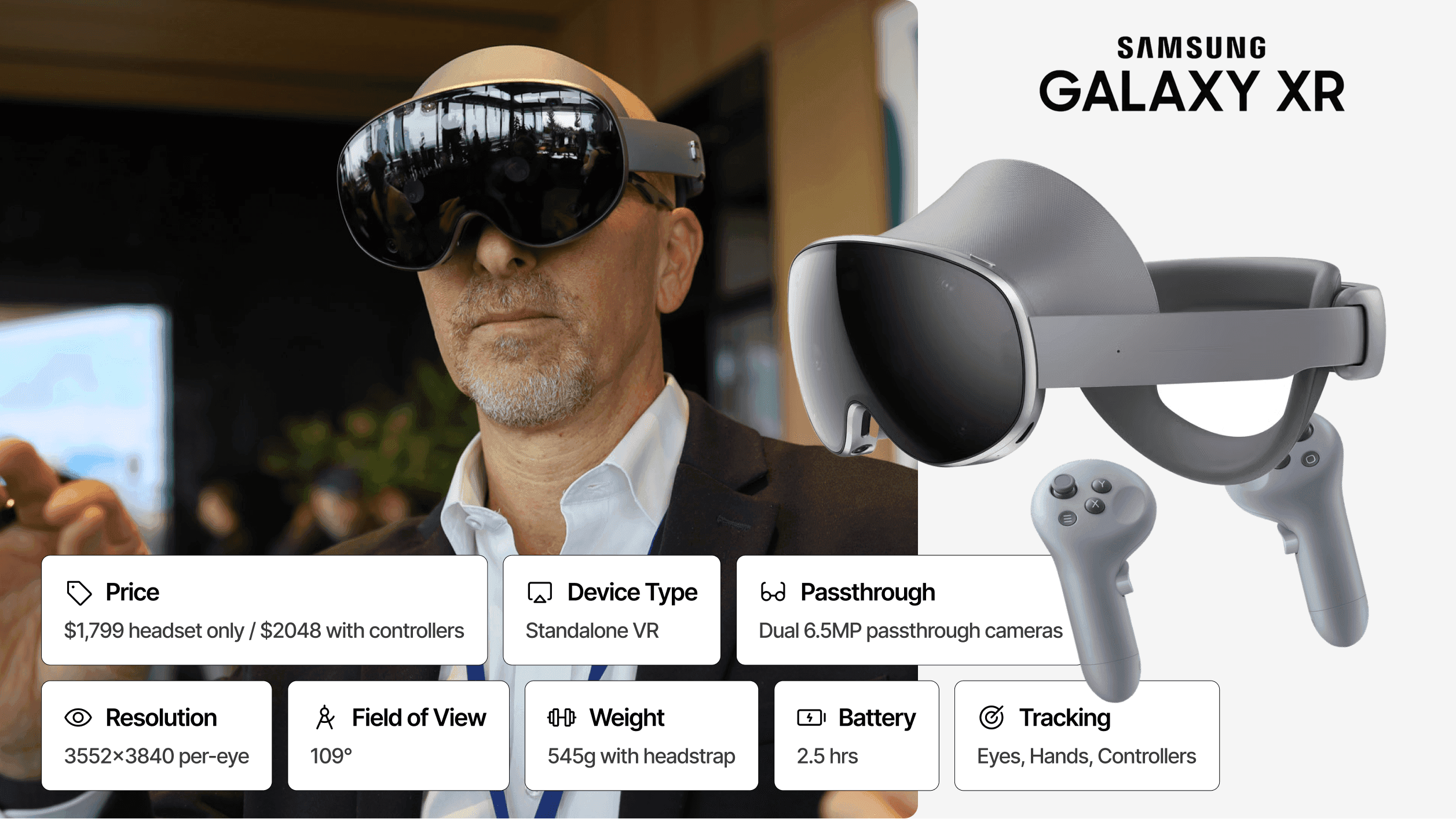 Samsung Galaxy XR headset visual with a data card detailing technical specs and tracking features.