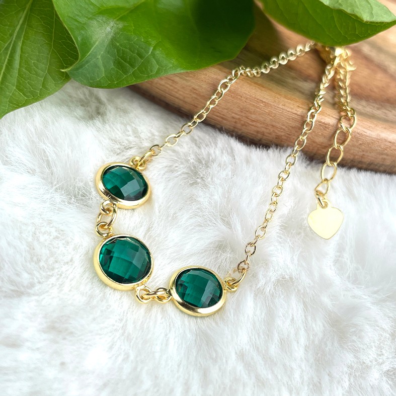 Emerald Green Birthstone Bracelet - Green Crystal Glass, 18k Gold-Plated Chain