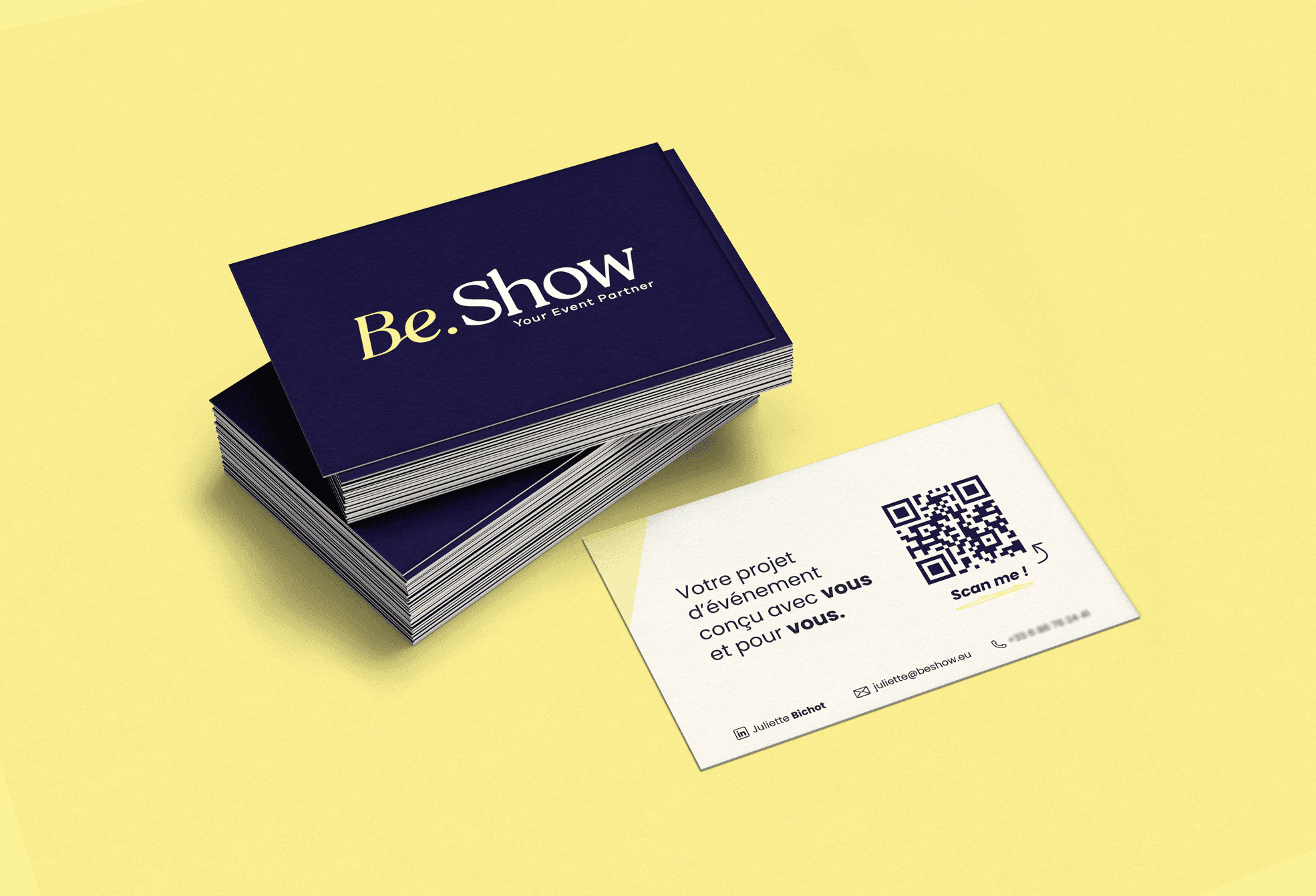 Cartes de visite du projet Be.Show, design print et identité visuelle de la marque.