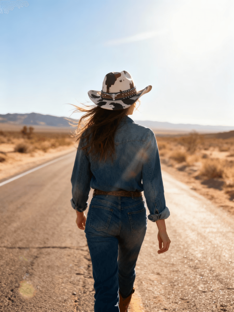 Cowboy style woman walking along a plain high way in a sunny setting