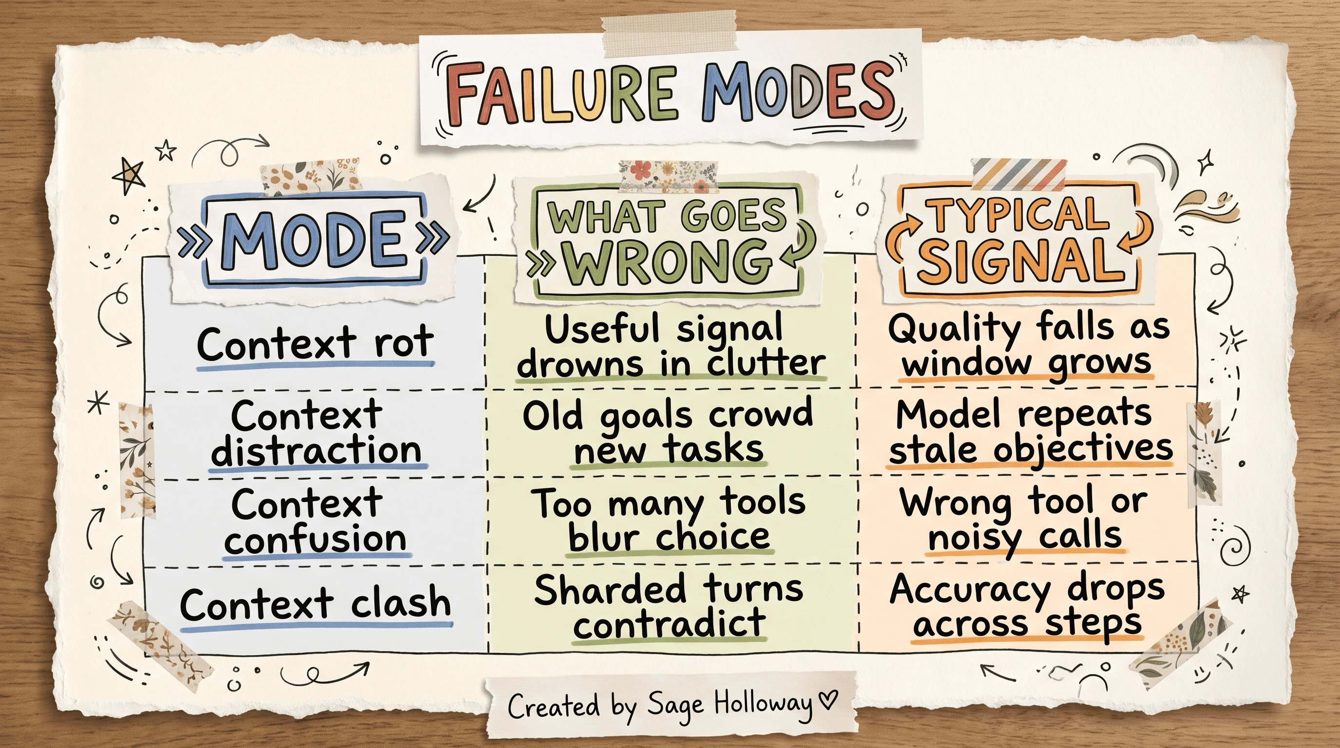 Table of four long-context failure modes: rot, distraction, confusion, and clash