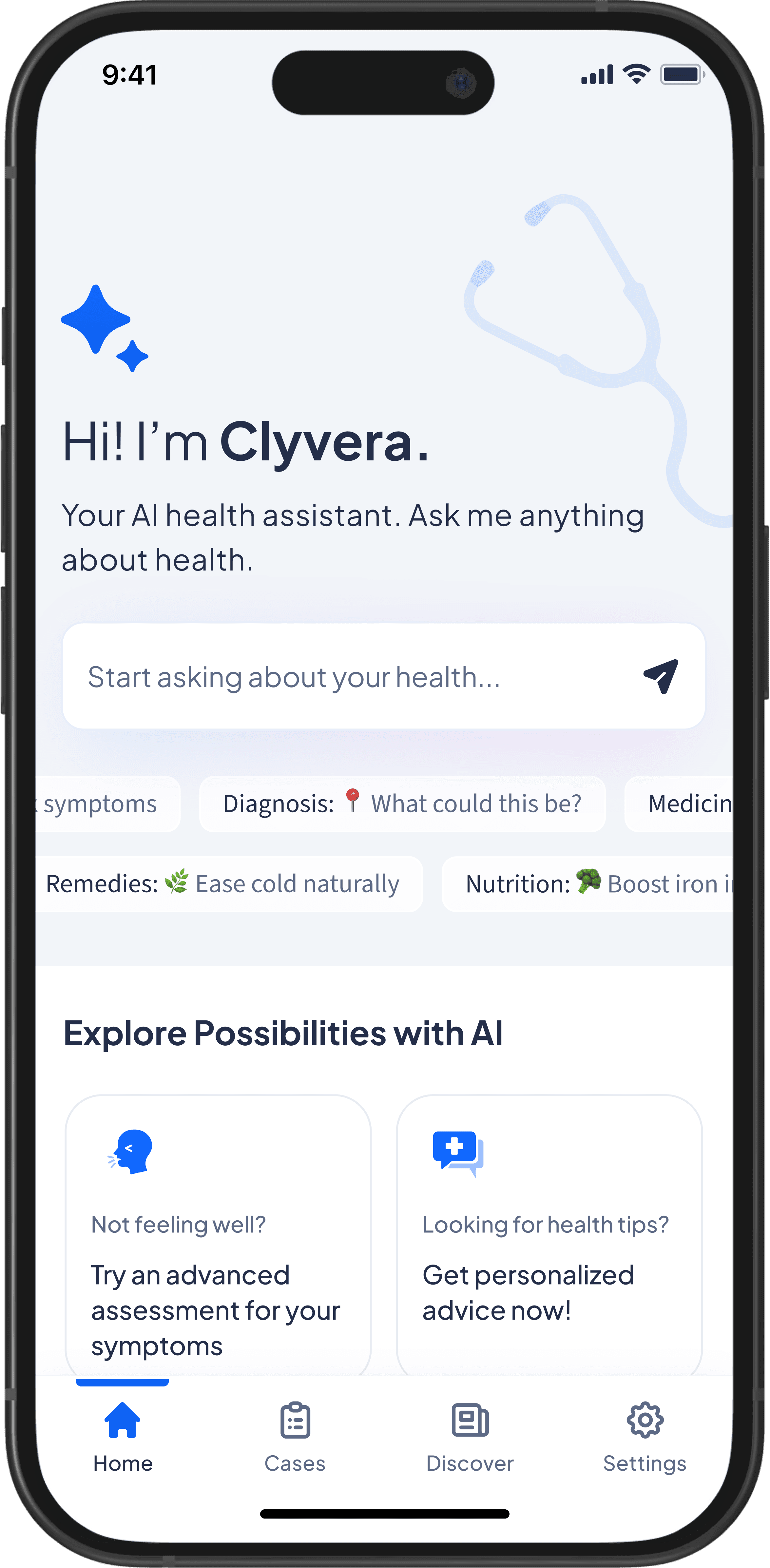 Image of a mobile phone with Clyvera app landing apge screenshot