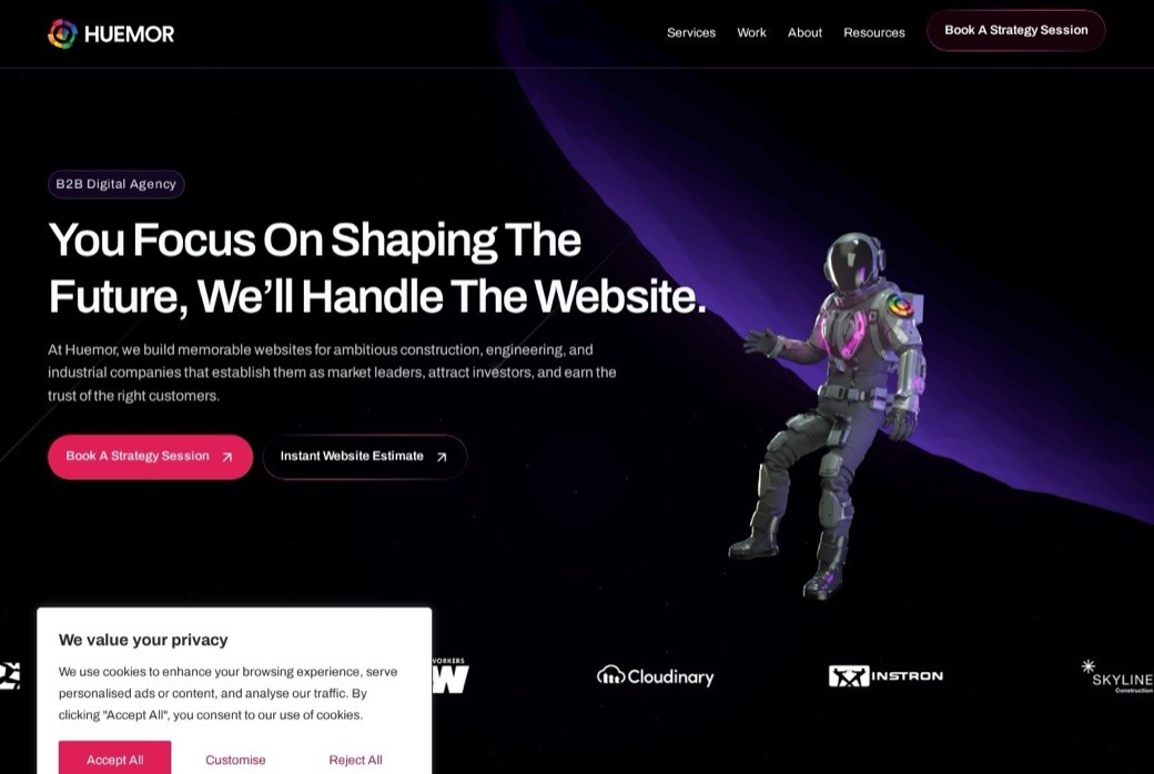 Huemor homepage and website design work