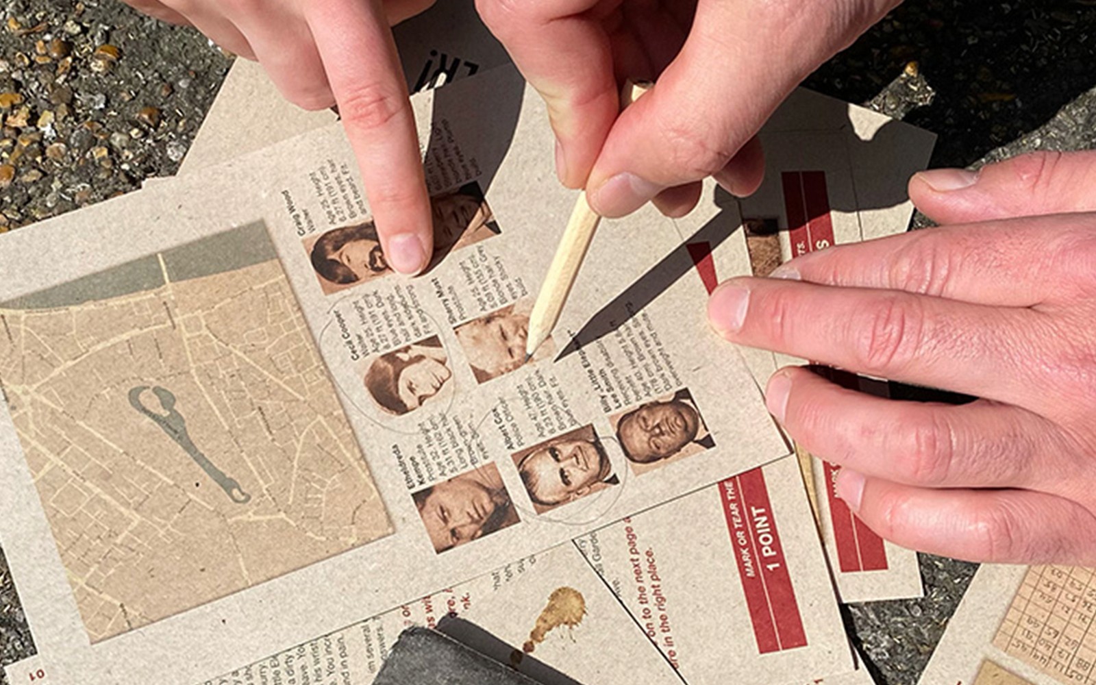 Clue-solving during murder mystery at Christiansborg Palace with suspect profiles.