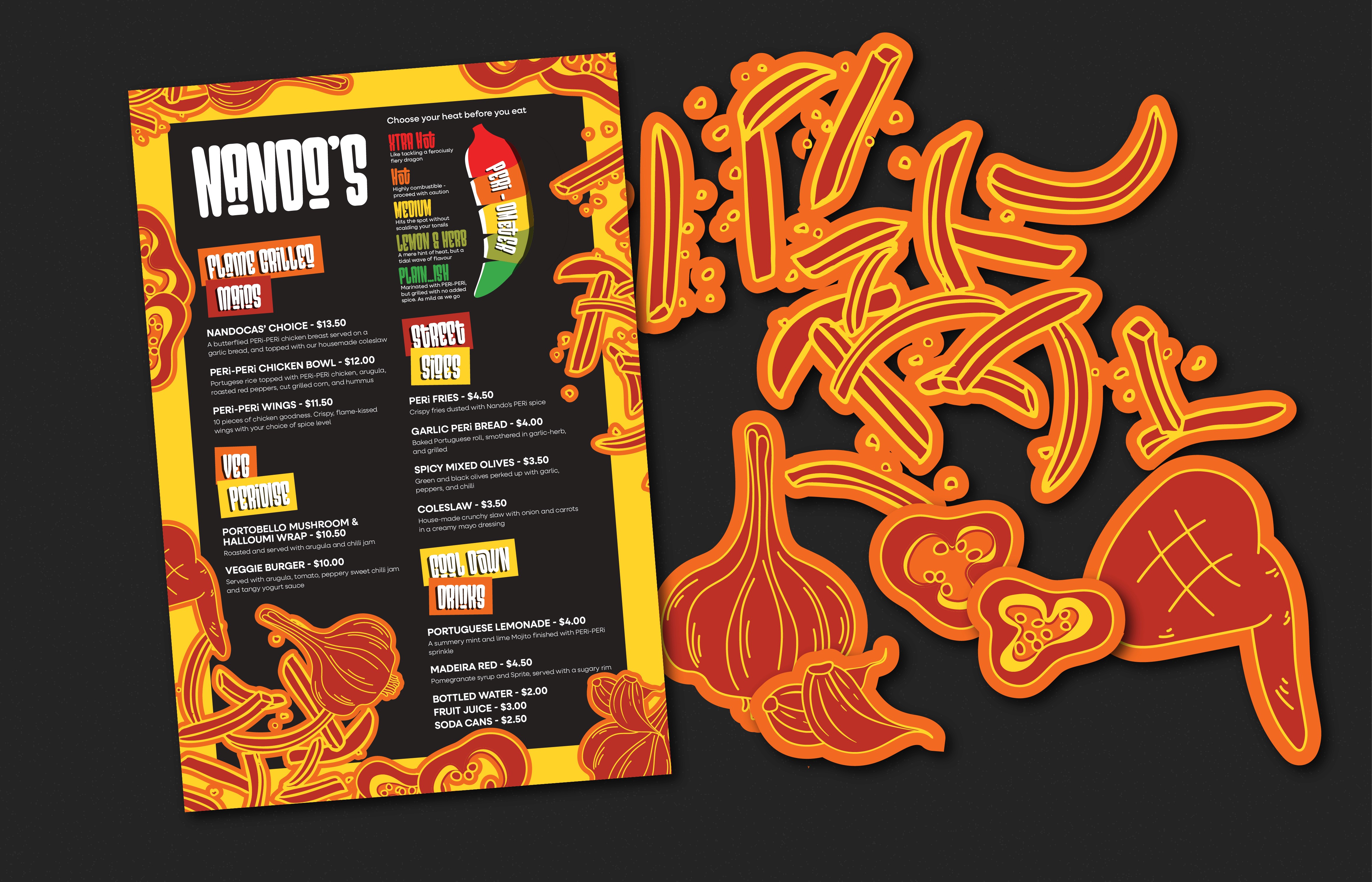 Flat lat of the menu's illustration and layout design. On the side there are the main items that were used to create the composition.