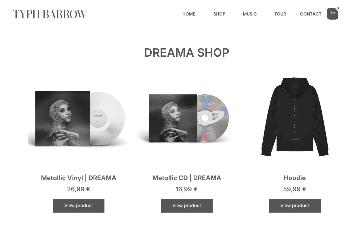boutique en ligne de merchandising de Typh Barrow