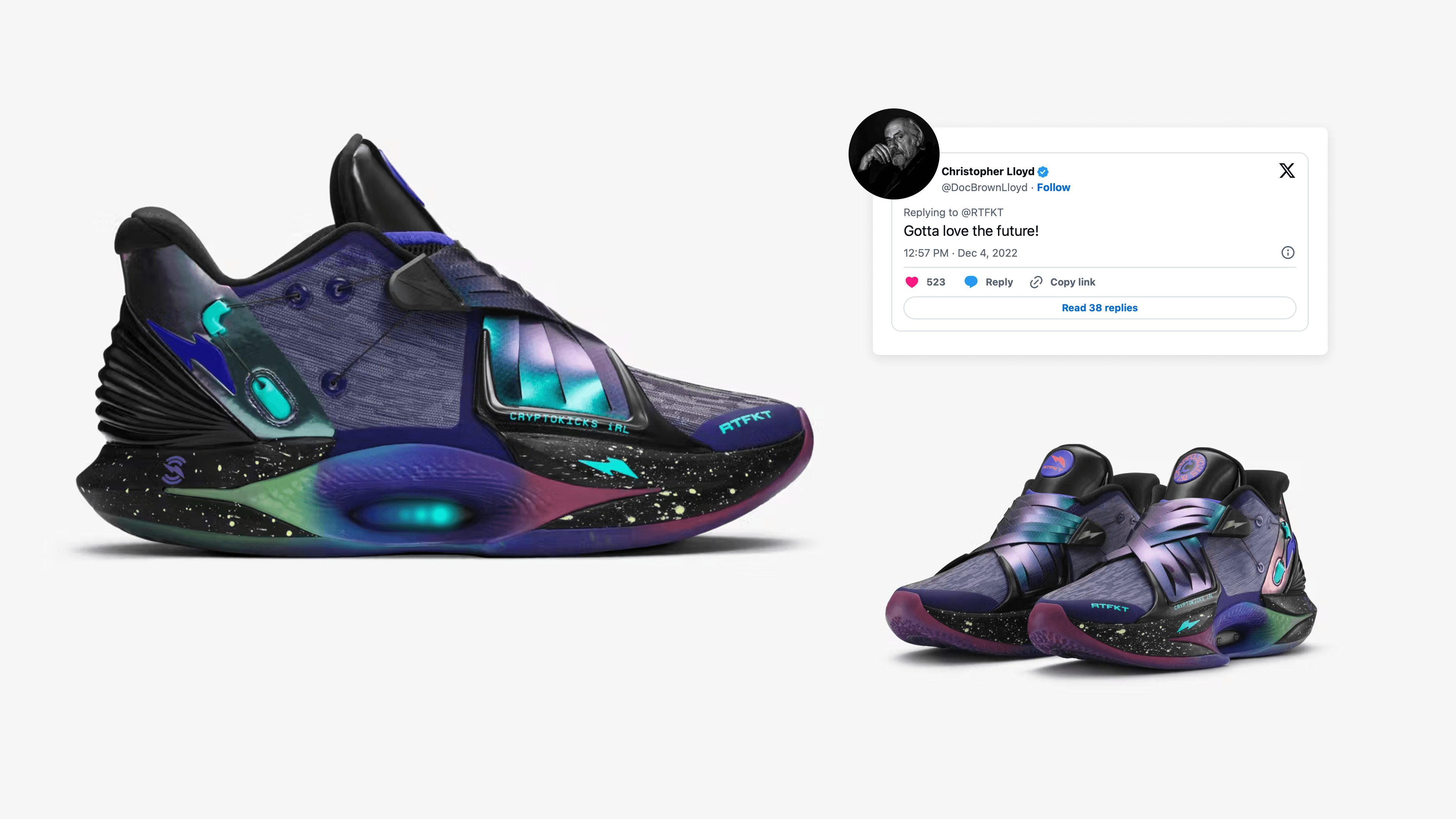 Hero image of “Space Dust” shoe color way with a social post from Back to the Future II character, Doc Brown, “Gotta love the future"