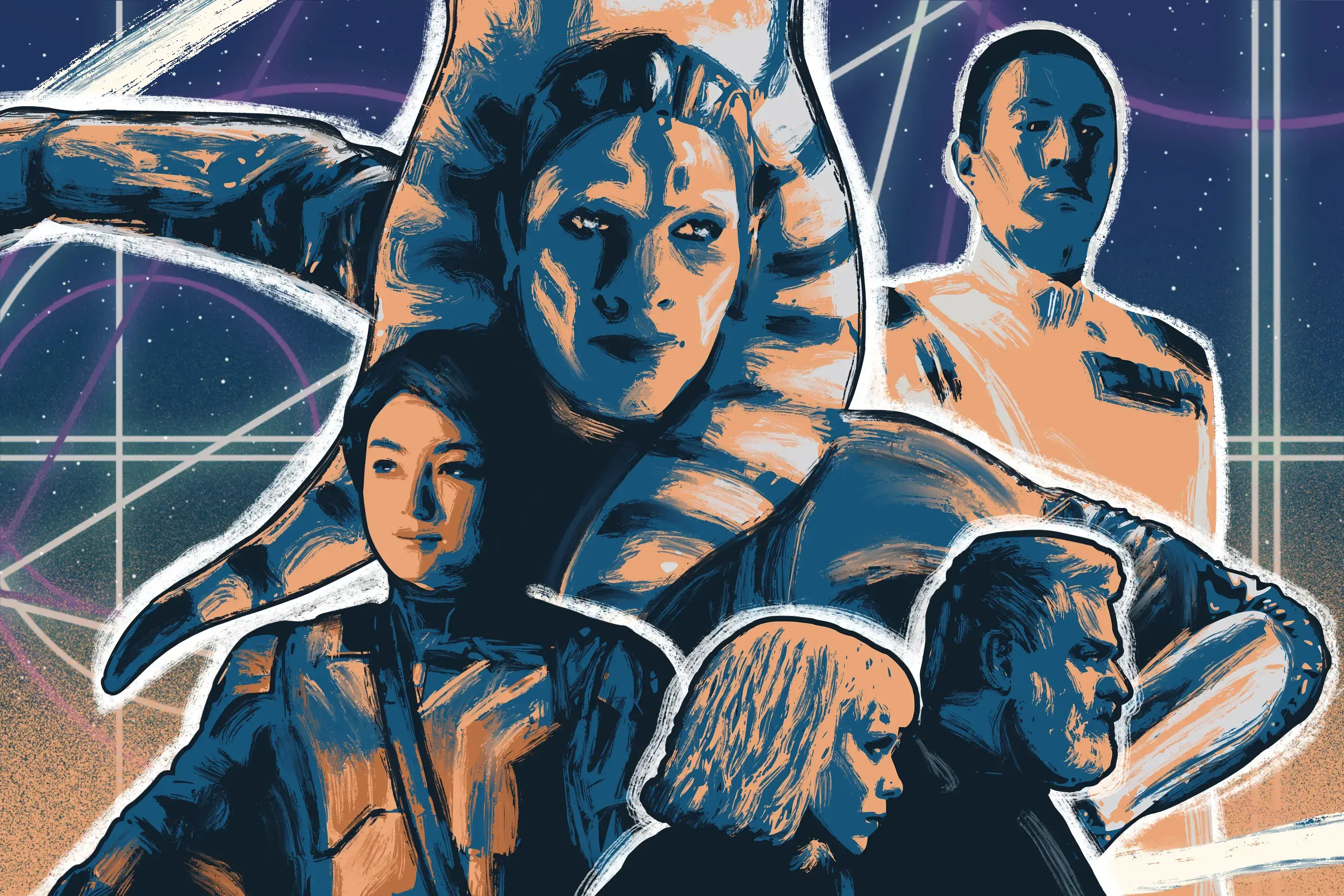 Ahsoka Tano, Sabine Wren, Grand Admiral Thrawn, Shin Hati, and Baylan Skoll from the Ahsoka series over a geometric background