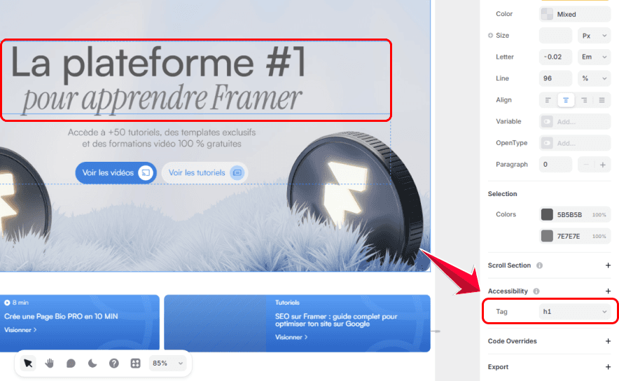 Configuration de la balise H1 dans Framer pour optimiser la structure SEO d’une page