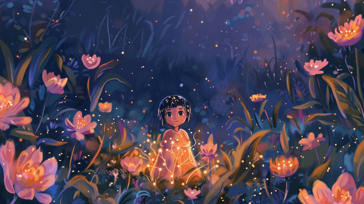 a very close-up of a little girl in an extraterrestrial garden with alien plants, glowing flowers