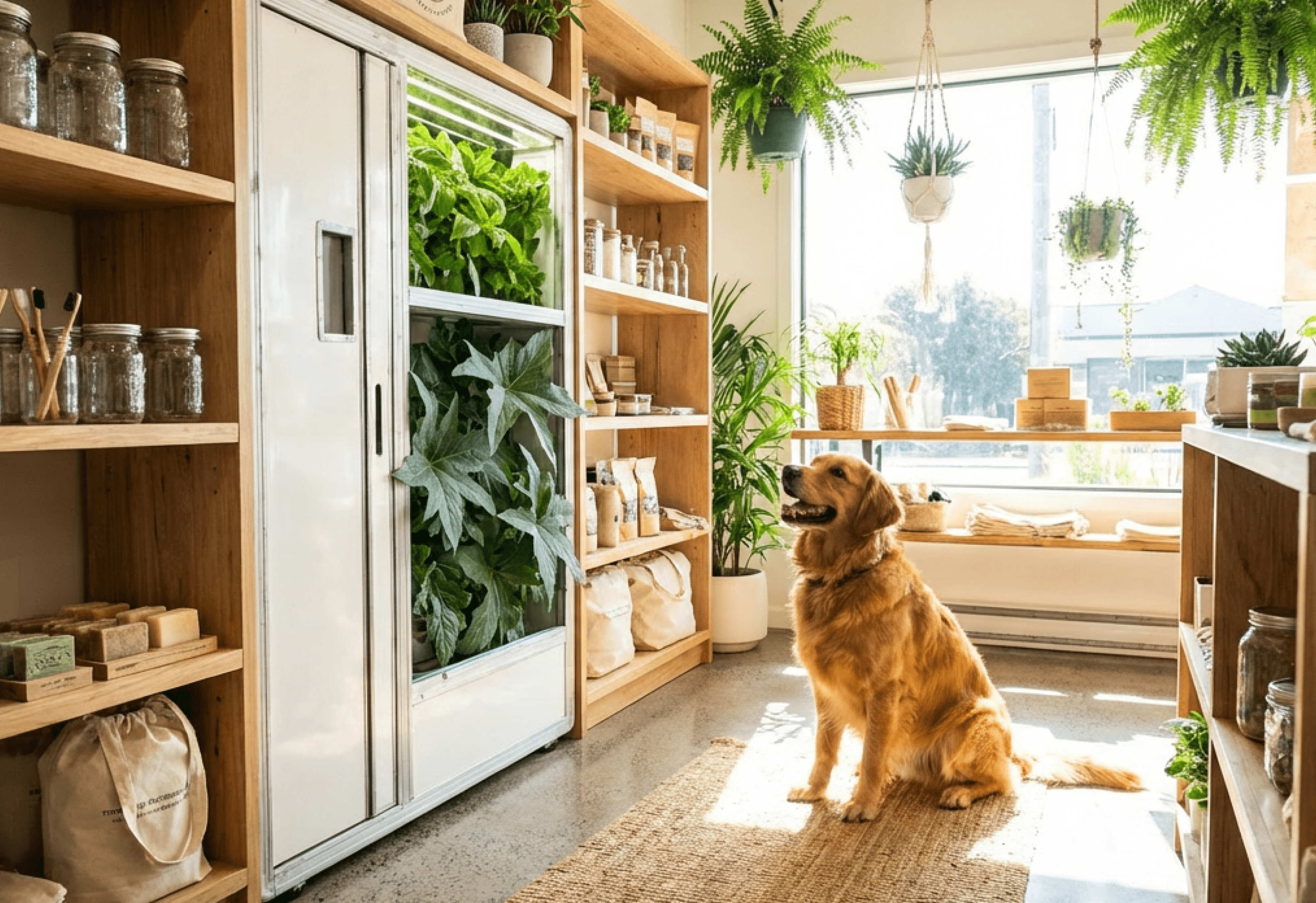 Golden Retriever sitting in a modern eco-friendly shop.