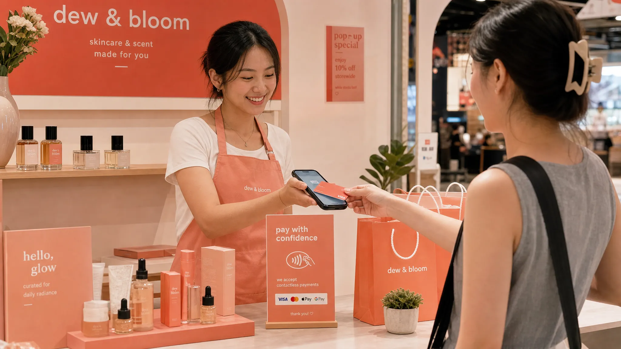 A small Singapore pop-up stall owner accepting a contactless card payment on a smartphone while a customer taps a card at the counter. The stall has neatly arranged skincare and fragrance products, with shopping bags and a simple payment sign visible.