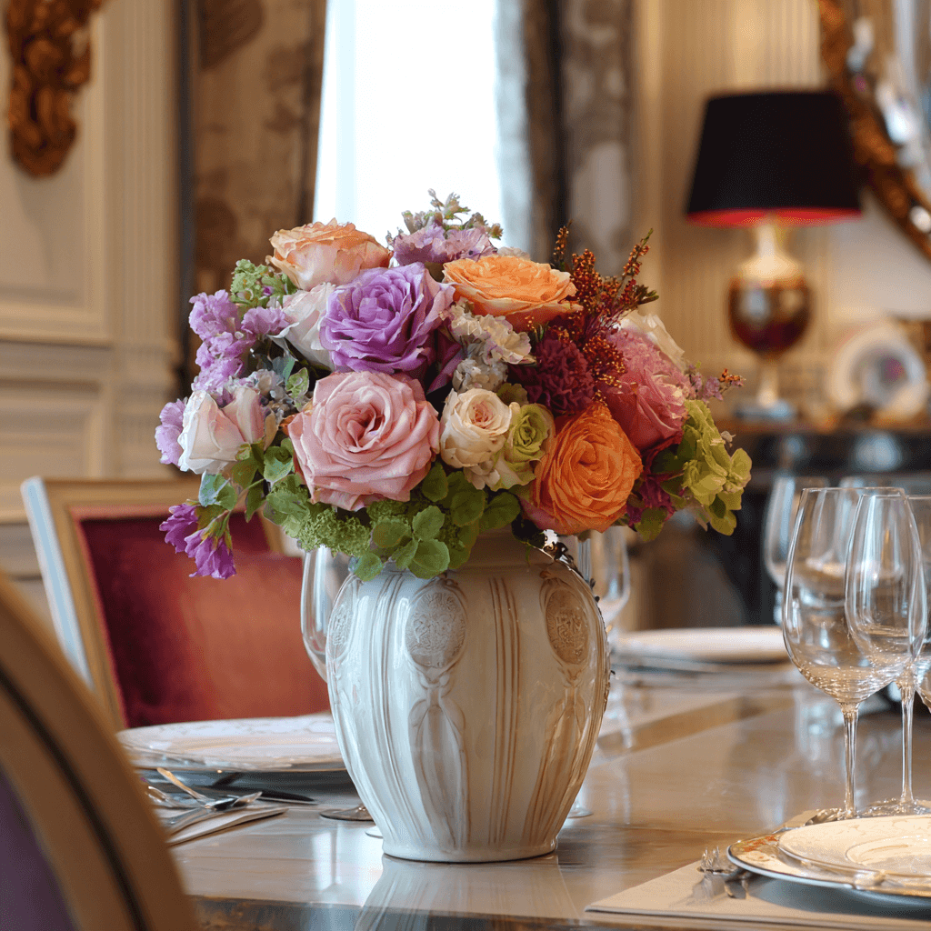 A vase of colorful flowers sits on a dining room table, adding a decorative touch to the elegant setting.