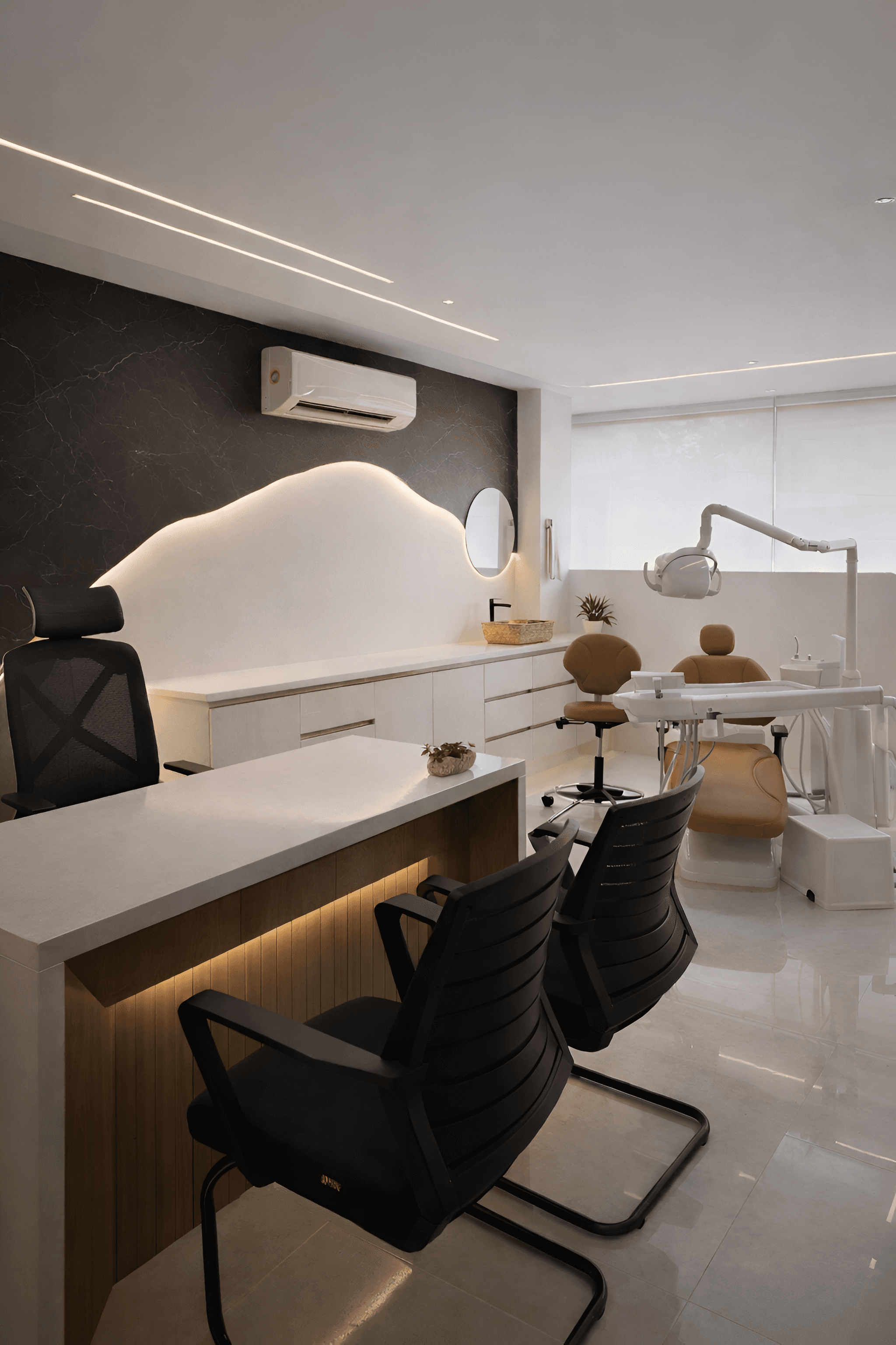 A serene outdoor lounge area with two chairs surrounded by lush greenery and natural light streaming in.