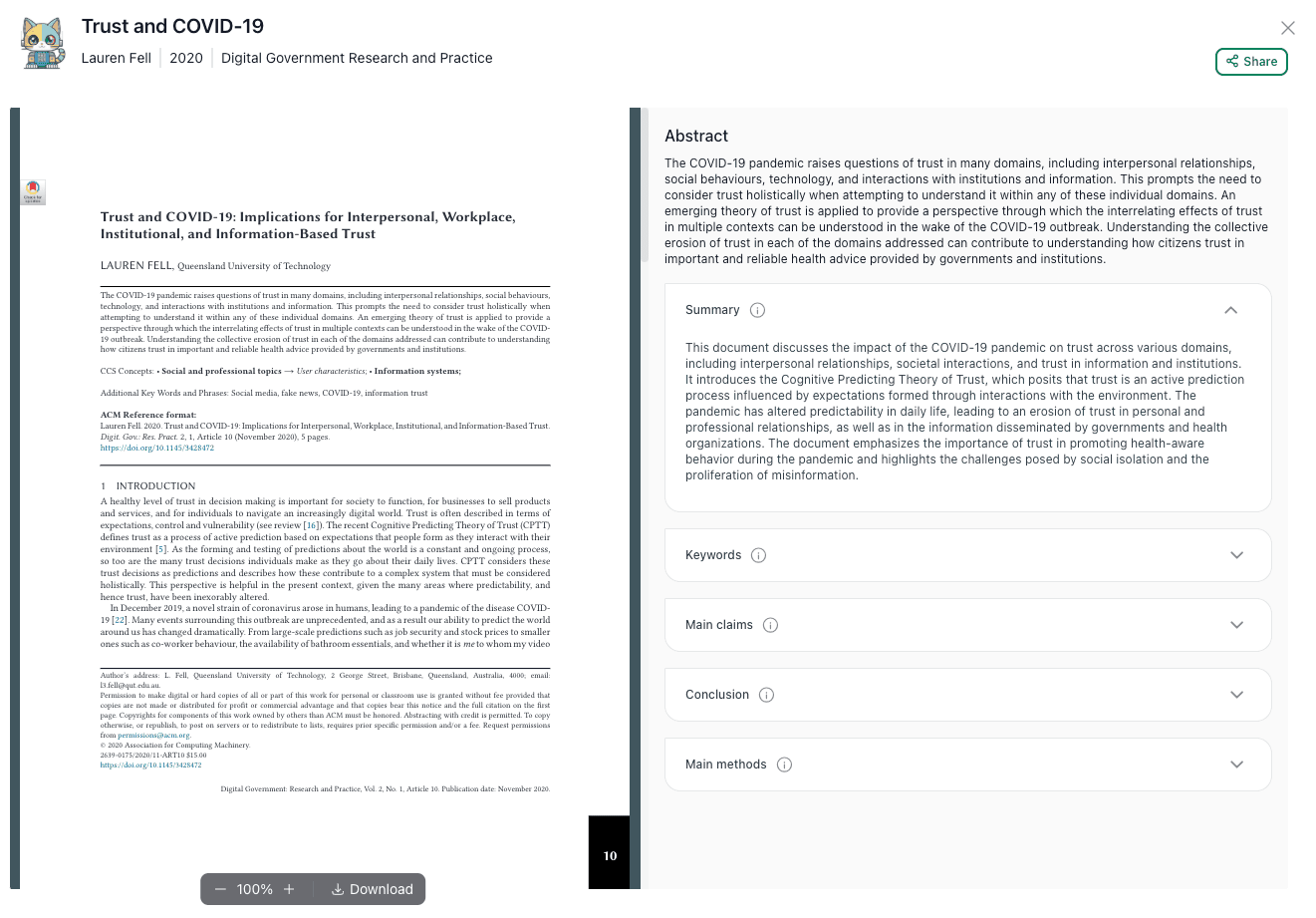 thesify PaperDigest summary panel showing coverage of context, methods, results, and key claims in a drafted abstract.