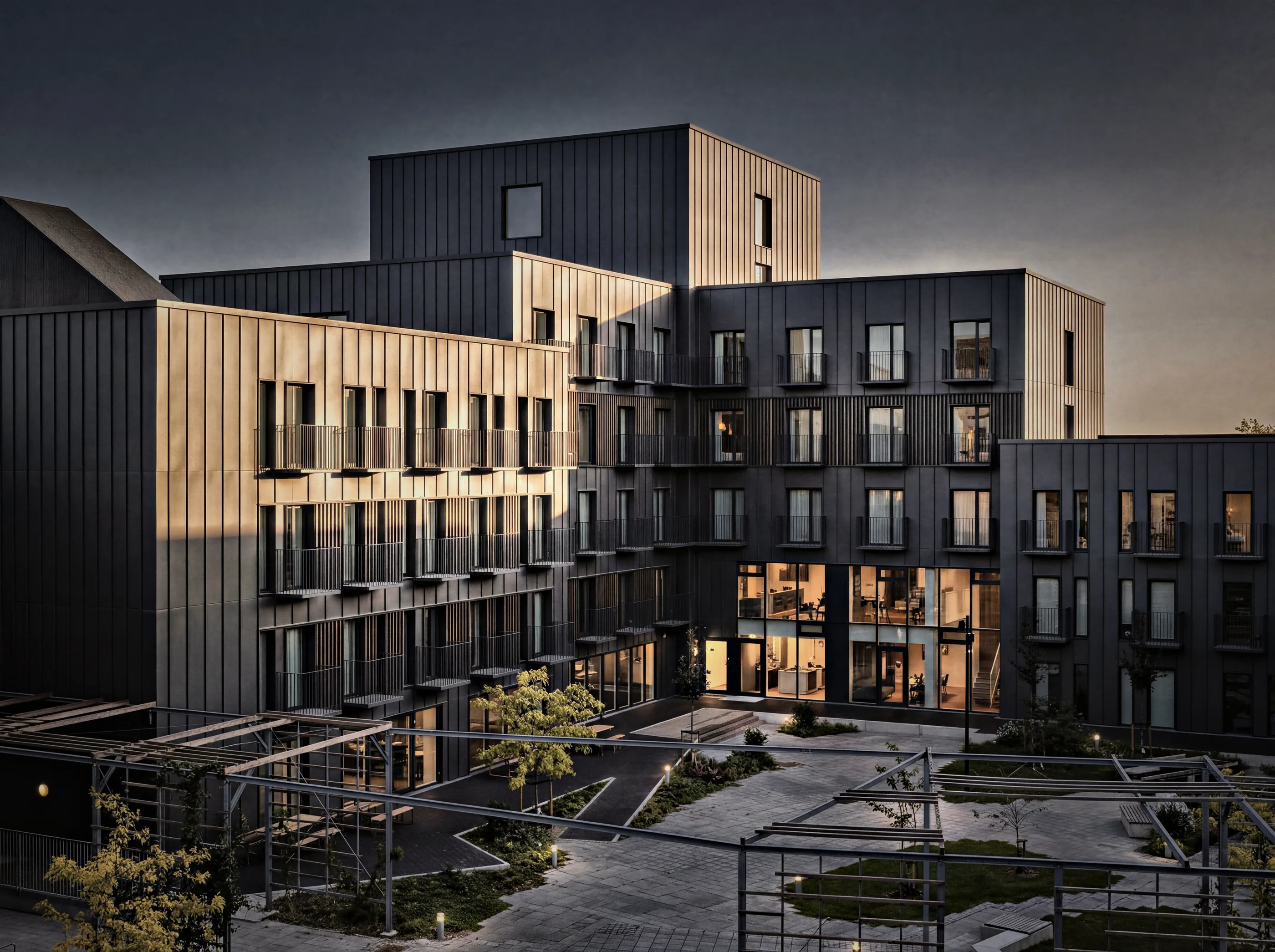 Residential courtyard at dusk