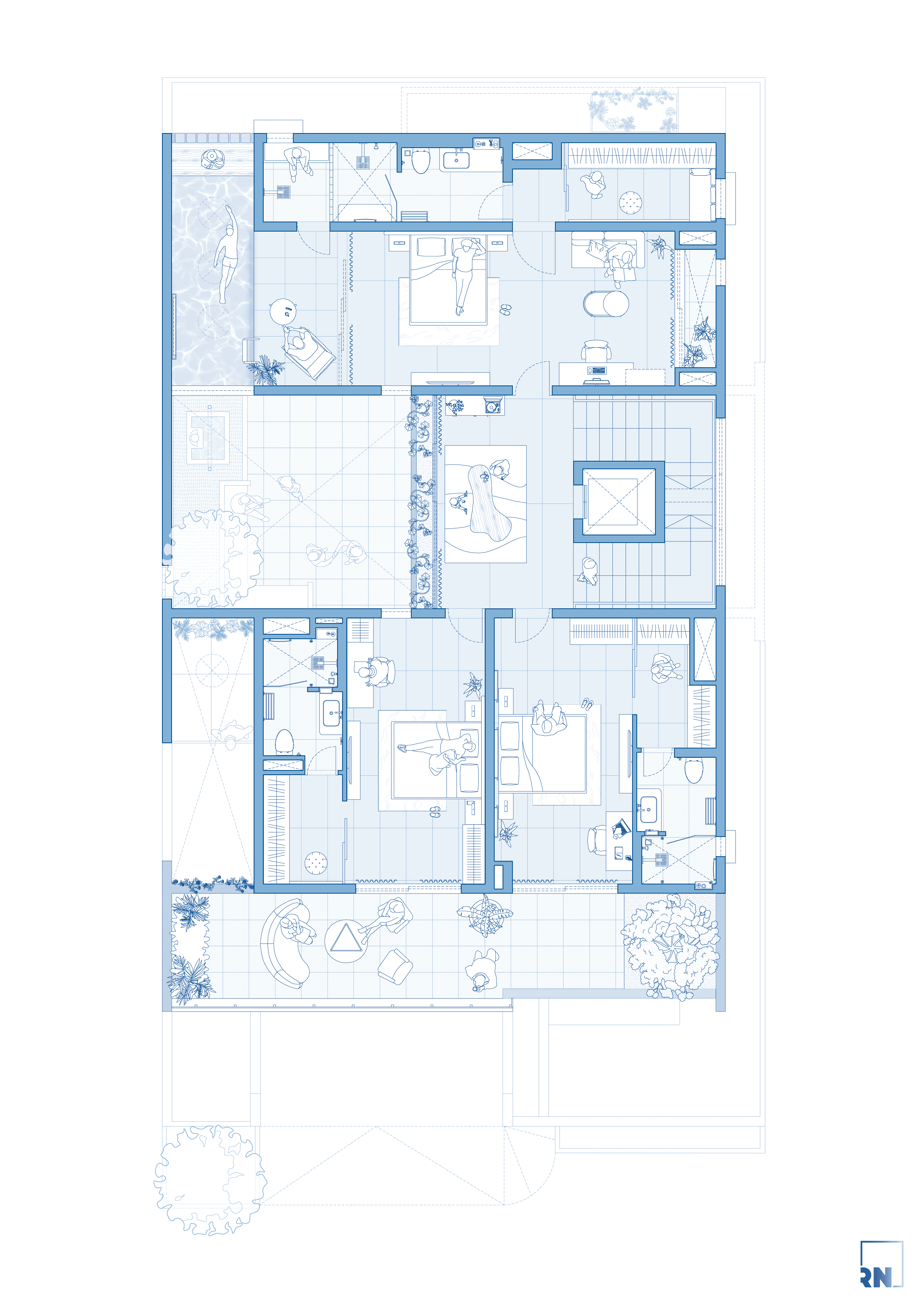 Nadumuttram, Karur – second floor plan with bedrooms organised around a central courtyard and light wells, designed by Rooted Narratives, Bengaluru.