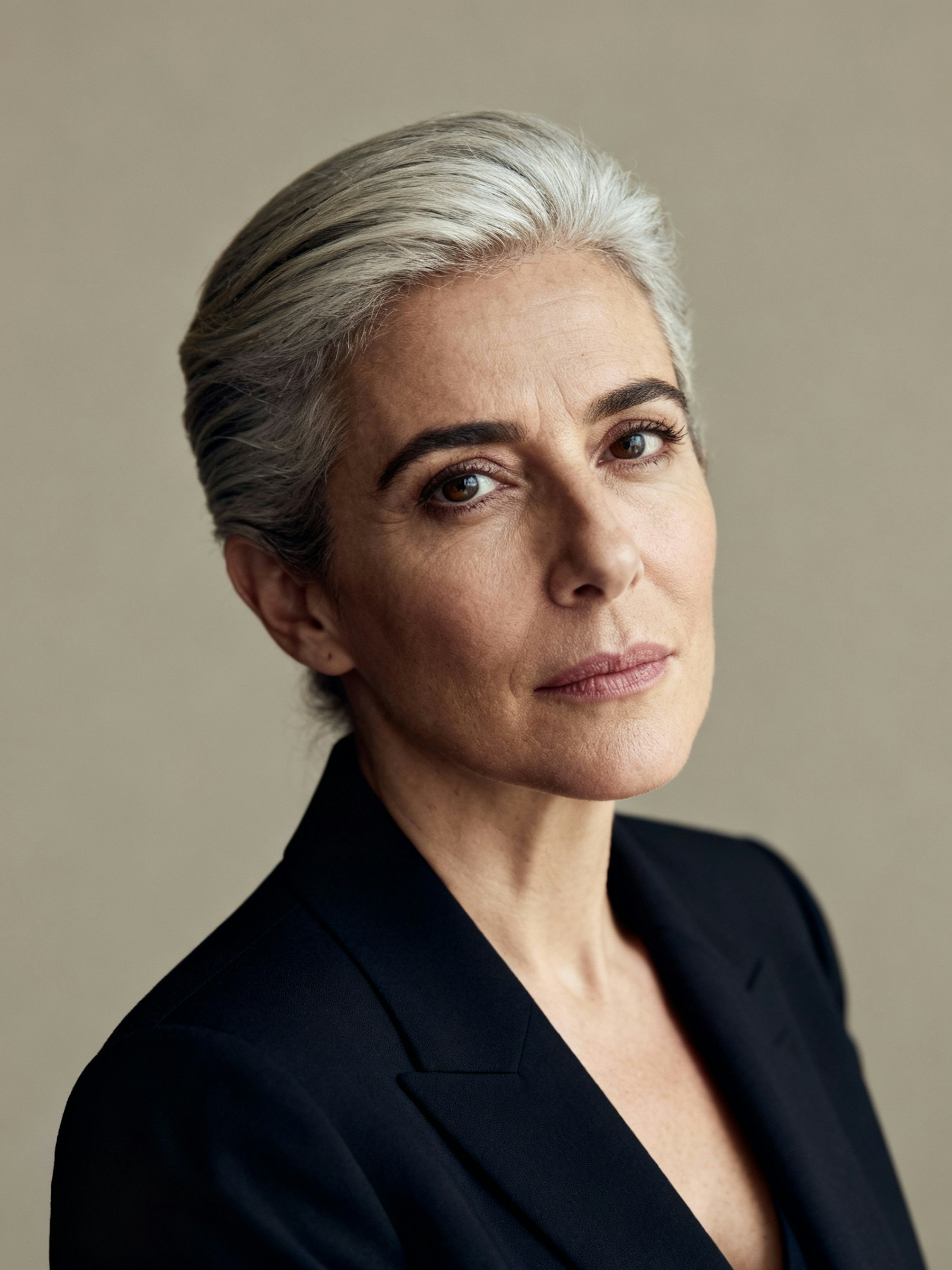 A professional portrait of a person with gray hair and a dark blazer, set against a neutral background, showcasing a calm expression.