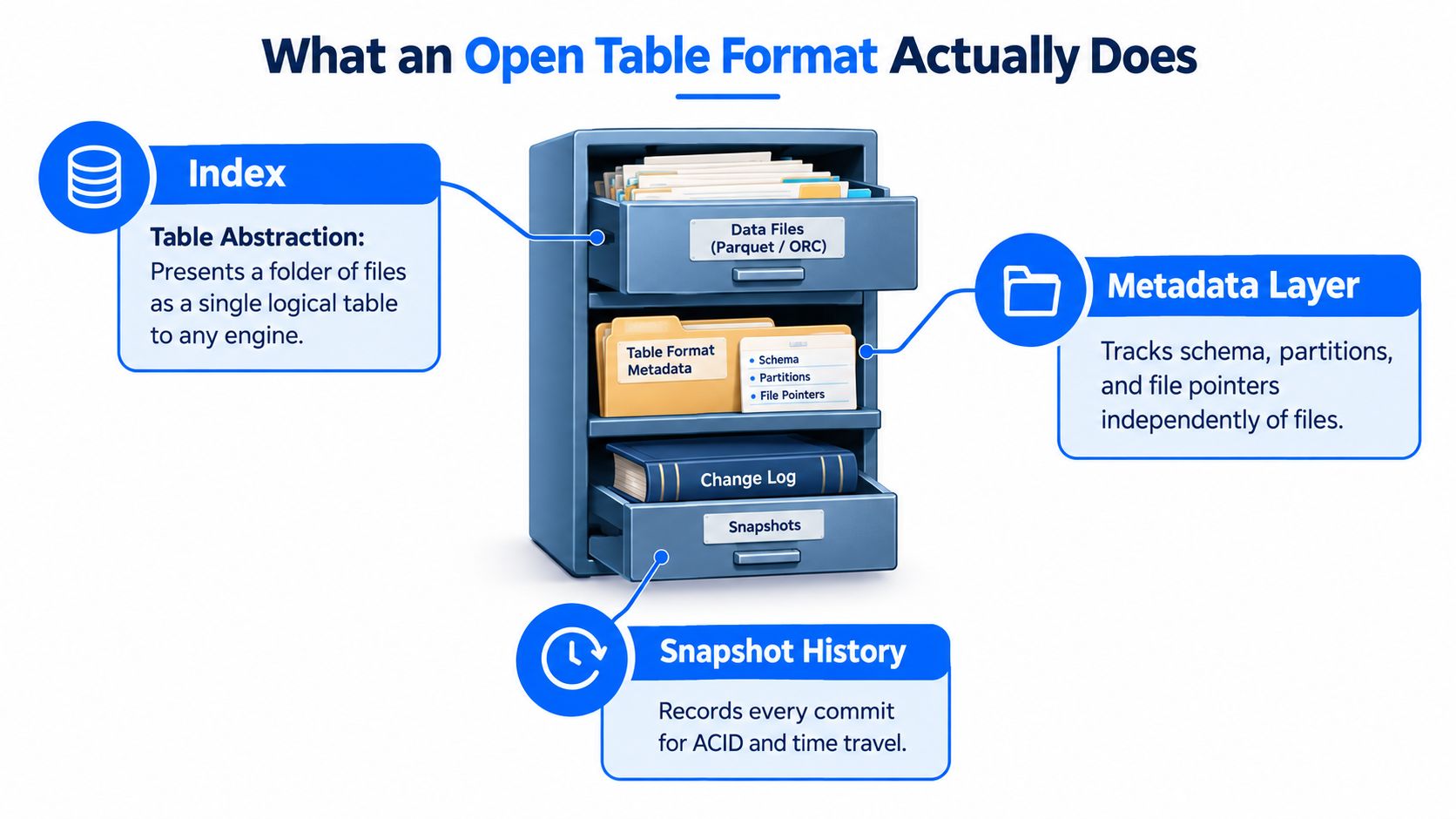 A diagram illustrating how an open table format organizes data files, metadata, and snapshots in storage.