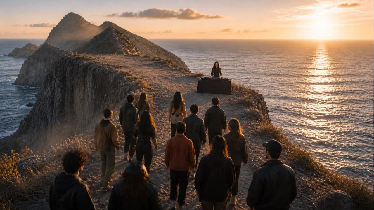 The crowd walking along the cliff path toward the DJ at sunset