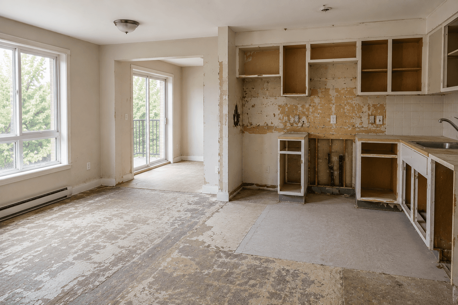 Ontario rental unit with outdated kitchen cabinets, exposed surfaces, and stripped flooring prepared for major renovation work.