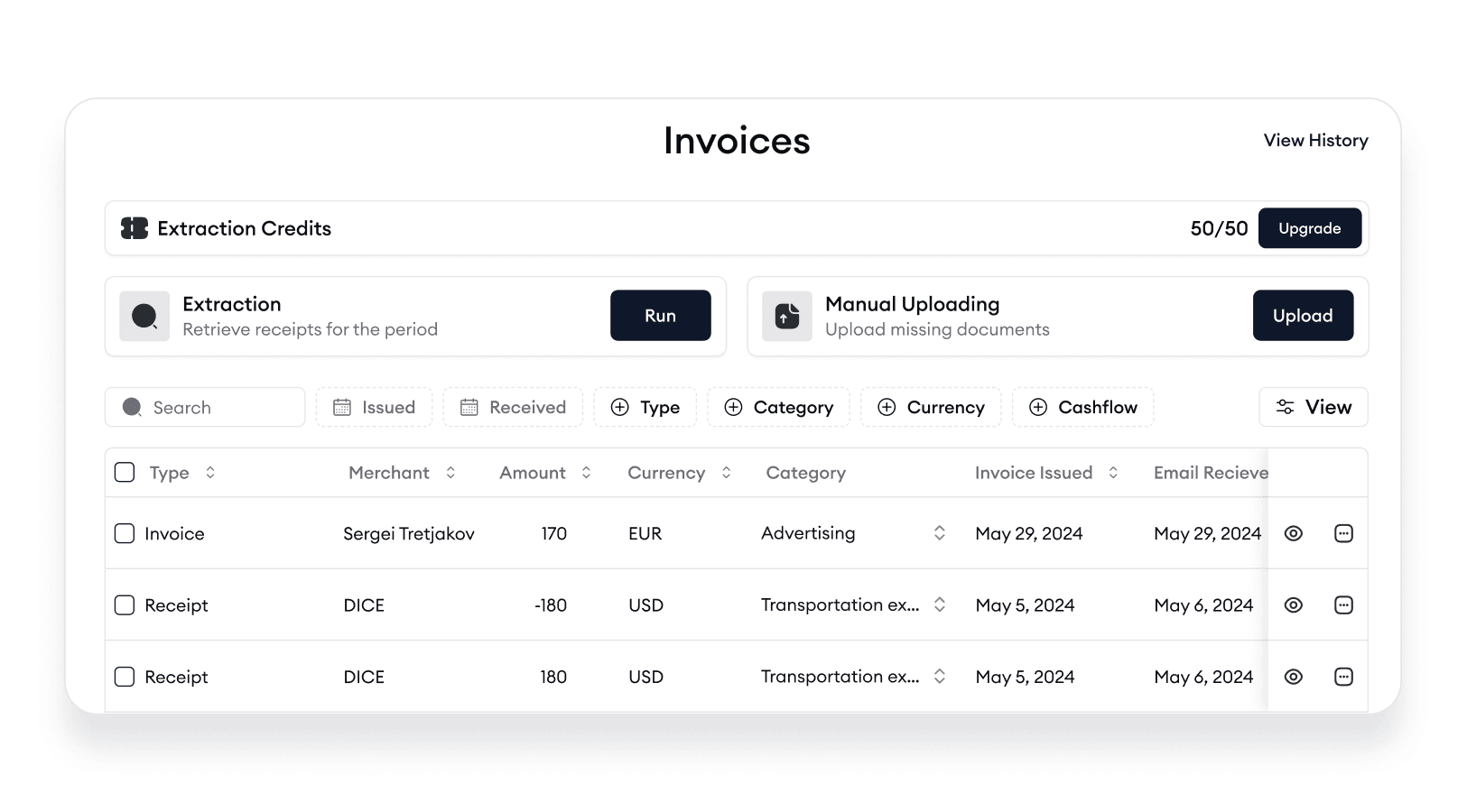 Transactions Spreadsheet Interface – Unified transaction storage with instant search. Users can view all income, expenses, and subscriptions in one place.