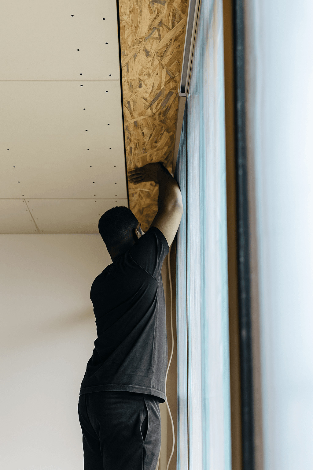 Une personne vêtue d'un linge noir et d'un pantalon noirs ajuste un panneau de plafond dans un maison en martiniqueen bois à côté d'une grande fenêtre ornée d'un rideau bleu, créant ainsi une atmosphère propice à la concentration.