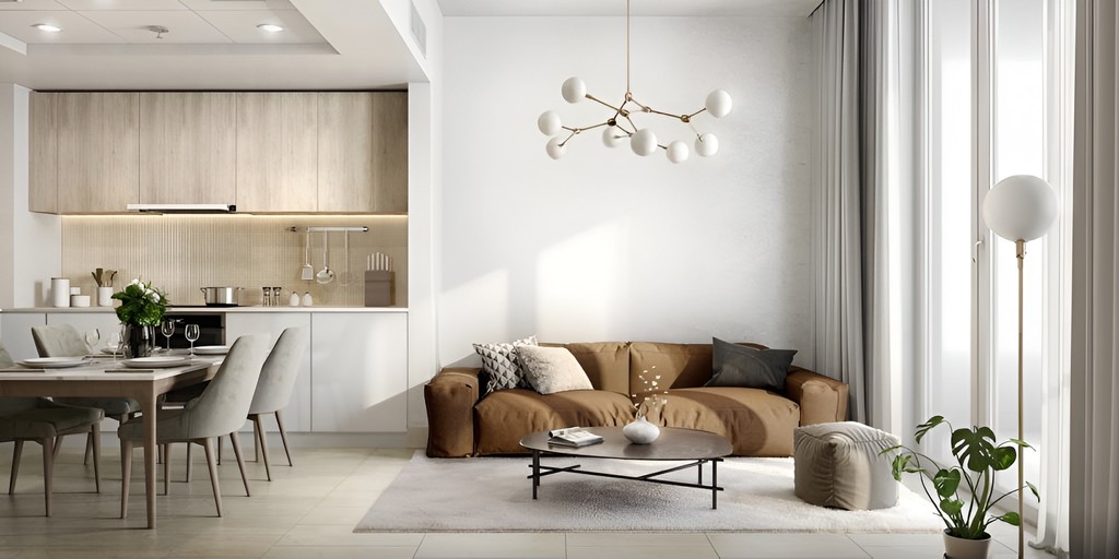 Elegant living and dining area in Azizi Mirage, highlighting modern design elements and spacious layout.