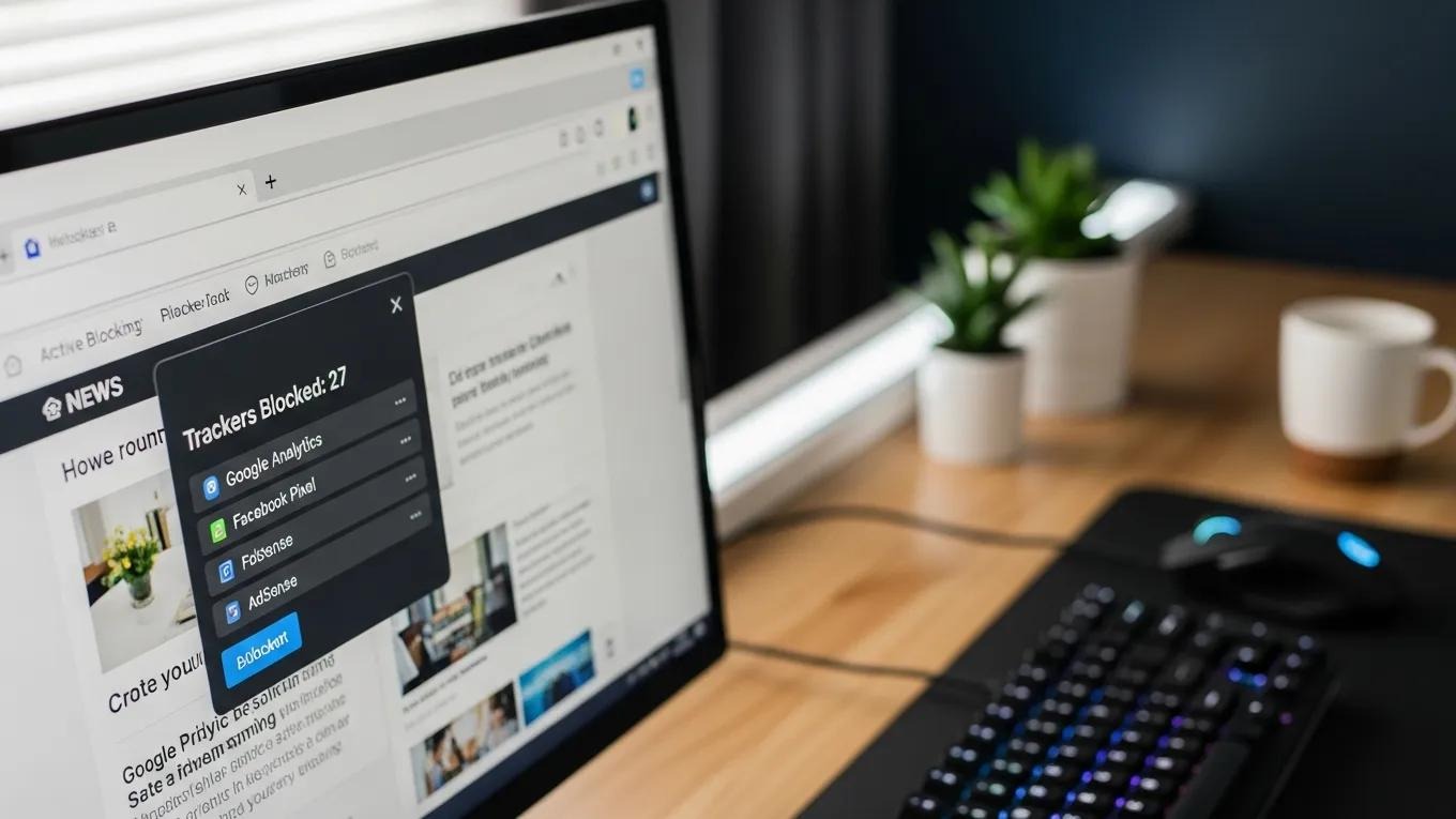 Close-up of a browser screen with tracker blocking features, illustrating enhanced online privacy