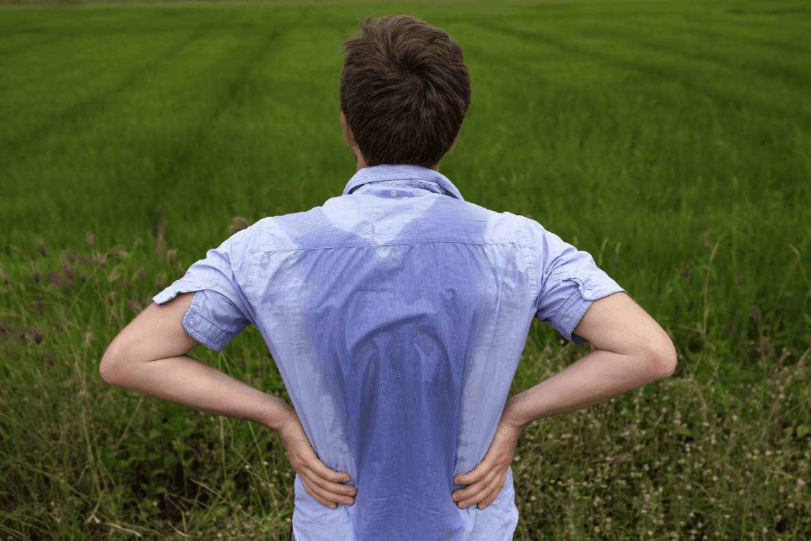 Man with back sweat visible on his shirt