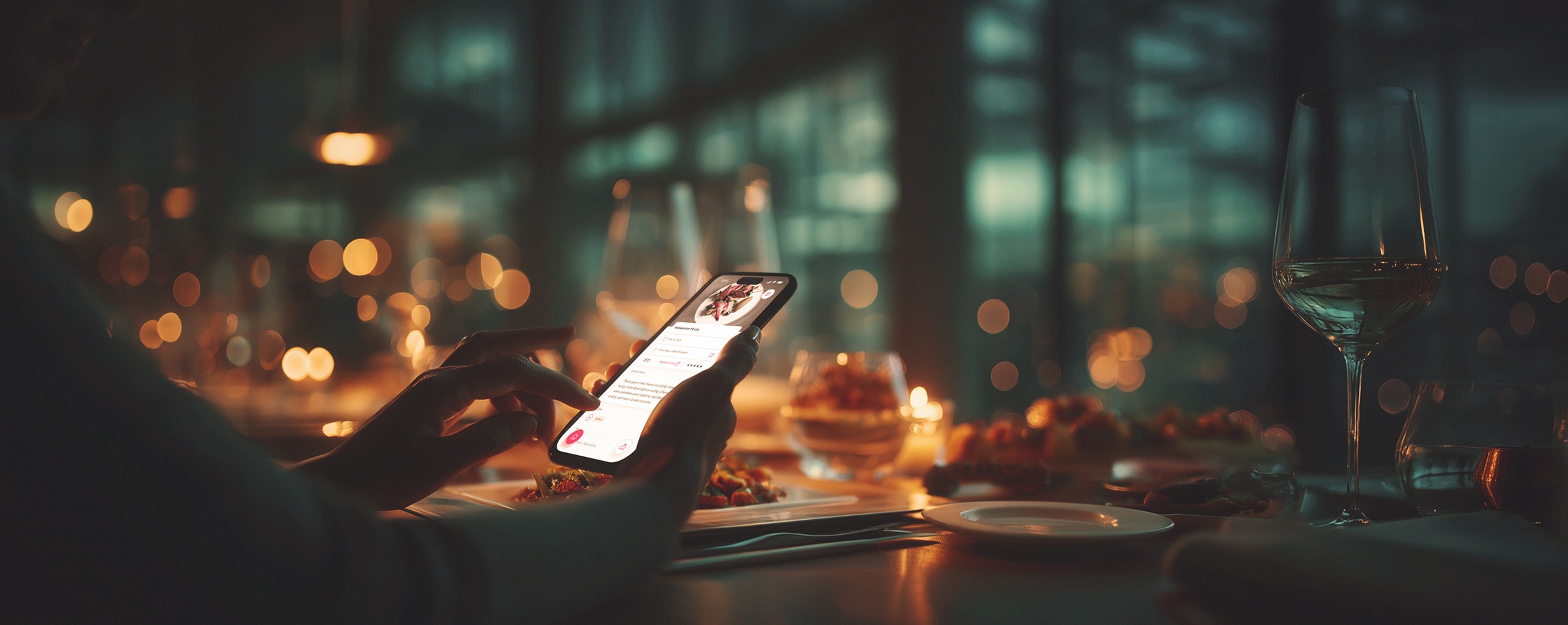 A woman uses the Foodie Notes app to capture notes on her Michelin-star dining experience.