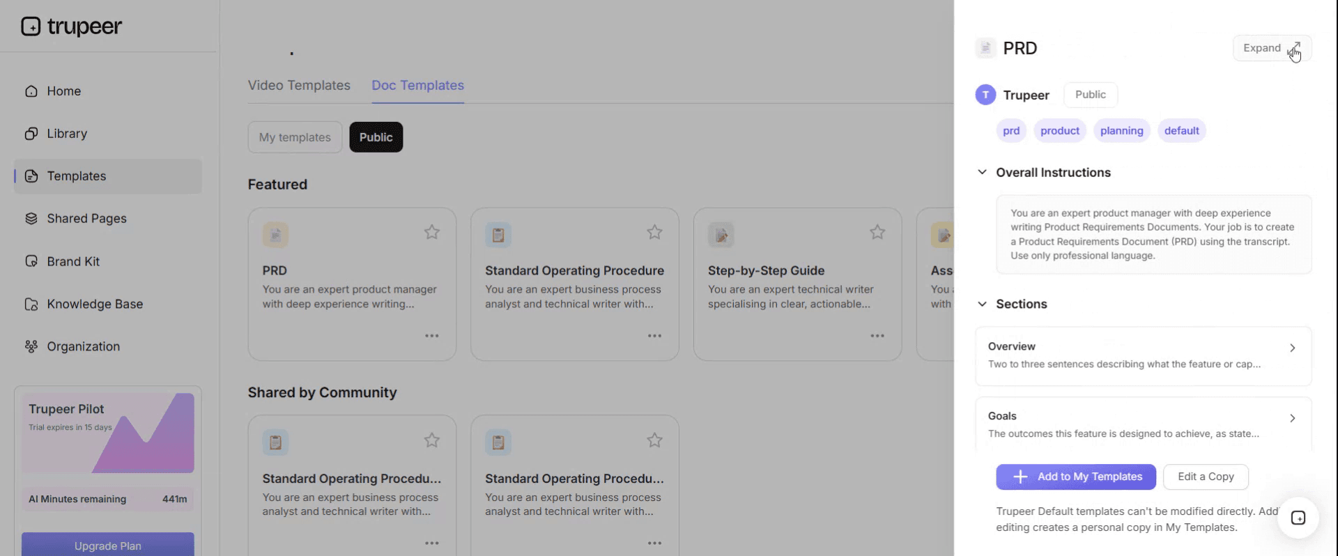 Expand the template view in Trupeer