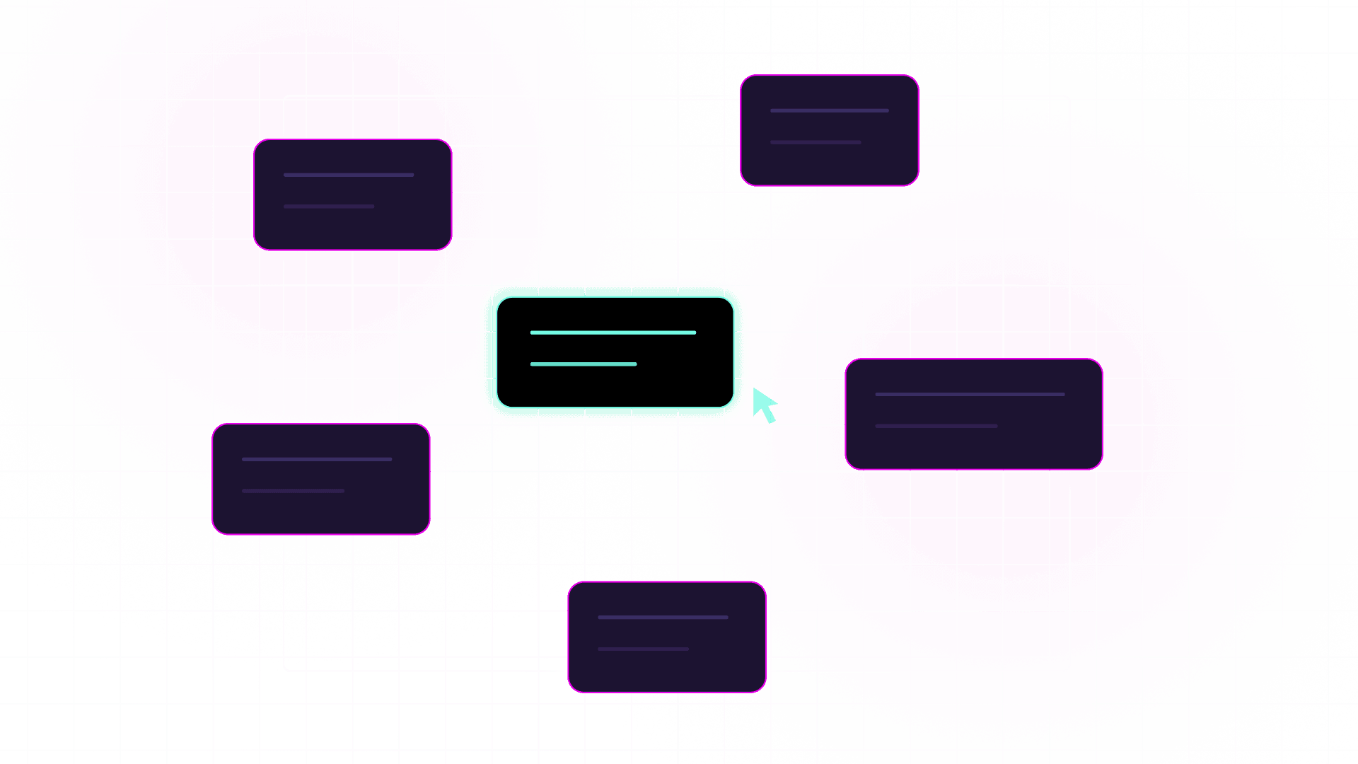 Schéma abstrait de blocs de texte connectés, un curseur pointant vers un bloc central lumineux.