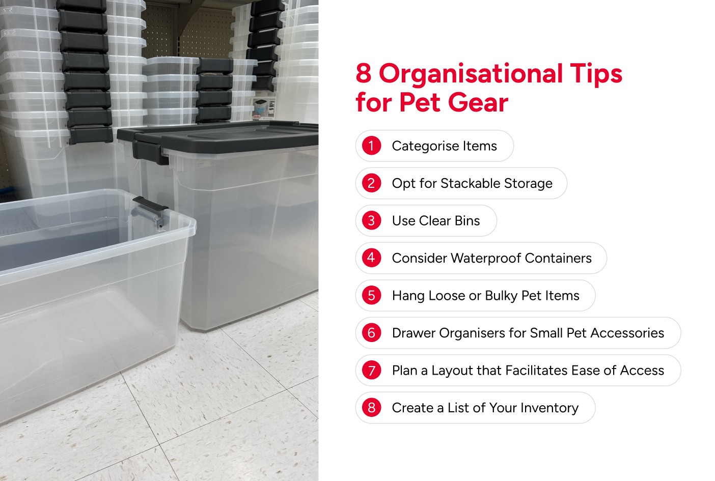 Well-organised clear plastic bins perfect for storing pet gear by Extra Space