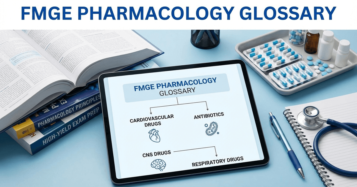Cover: FMGE Pharmacology High-Yield Glossary: Key Drug Classes, Mechanisms and Mnemonics for 2026