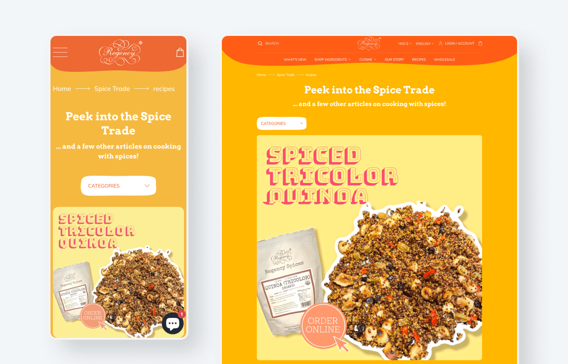 Two desktop screens showing the Regency Spices website.