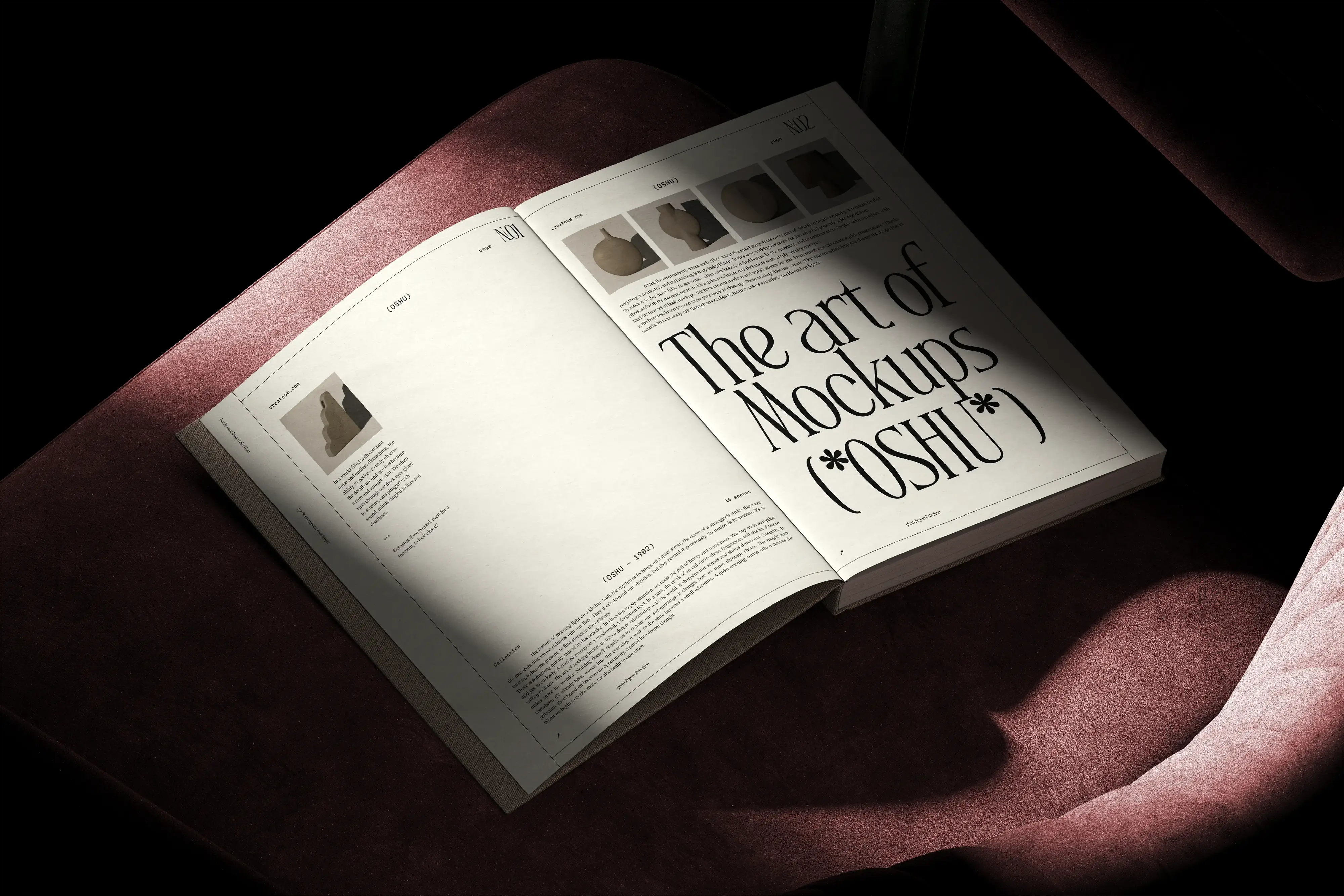 An open book titled "The Art of Mockups" resting on a red Chair.