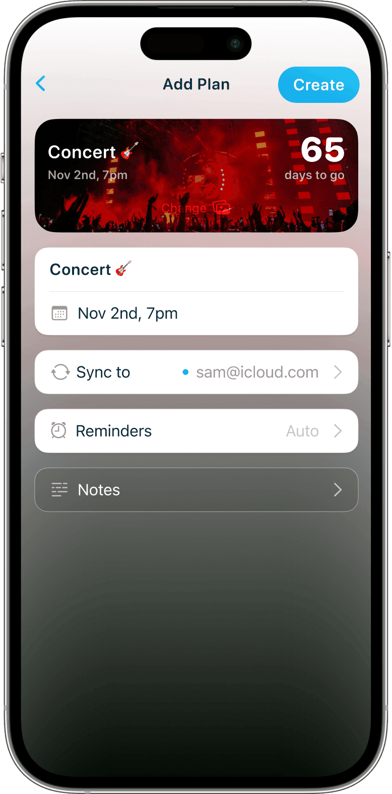 iPhone showing a create screen for a concert countdown