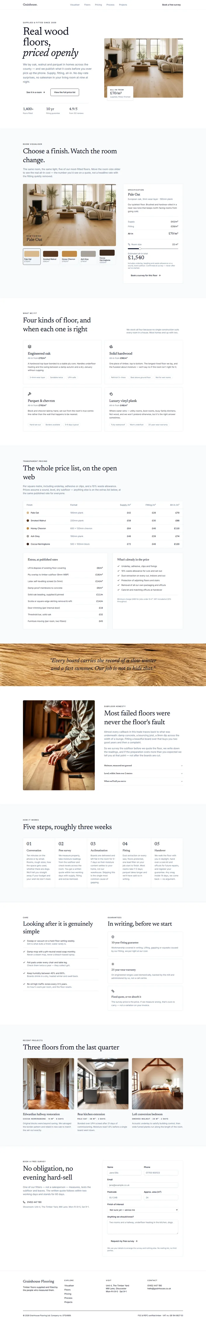 Full flooring website design: room hero, visualiser, floor types, price list, fitting process