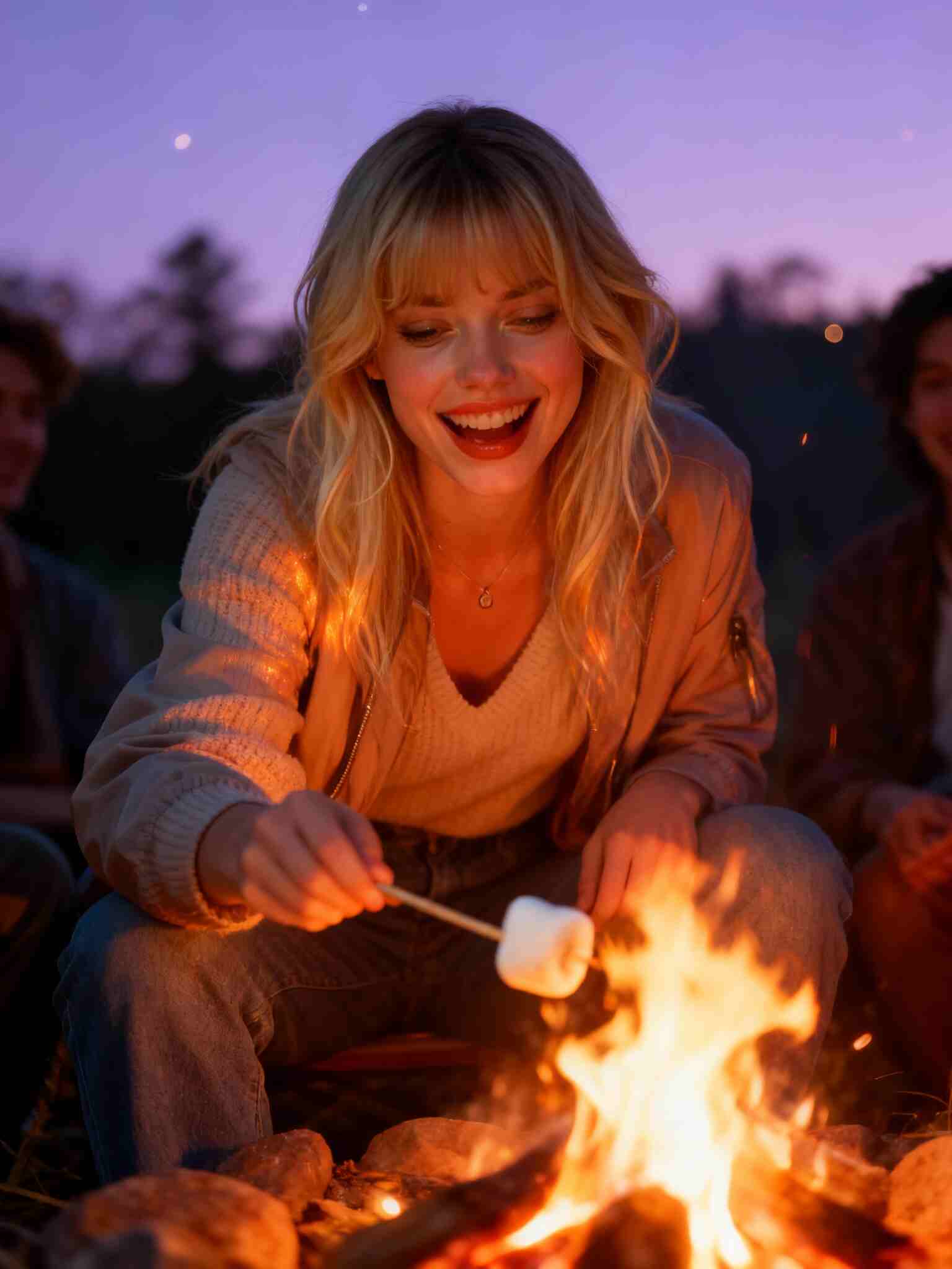 Teen girl by campfire at dusk, warm glow, Luma AI Dream Machine.