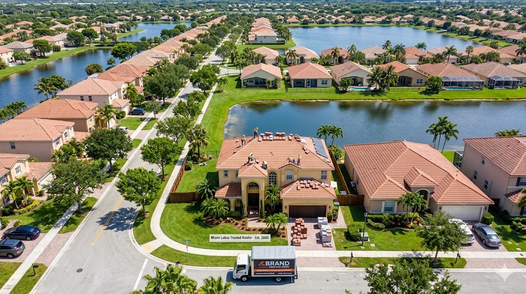 Roofing contractor Miami Lakes FL — barrel tile roof replacement on residential home in Miami Lakes planned community by Roofing Network licensed contractor§