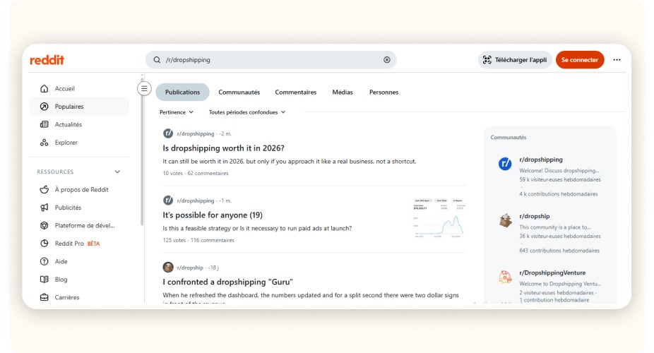 Résultats Reddit du subreddit dropshipping avec discussions et questions d’utilisateurs.