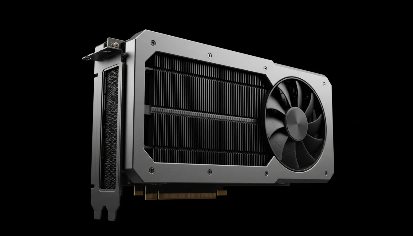Commercial product photography of an Nvidia GeForce RTX 4090 Founders Edition GPU, shot with a DSLR from an angled three-quarters view. The hardware rests on a pure black background, illuminated by dramatic, soft studio lighting that creates sharp highlights on its edges. The image captures the fine textures of the gunmetal grey textured metal casing, the matte black heatsink fins, and the recessed cooling fan. The focus is tack-sharp across the entire product, showcasing its clean lines and modern industrial design.