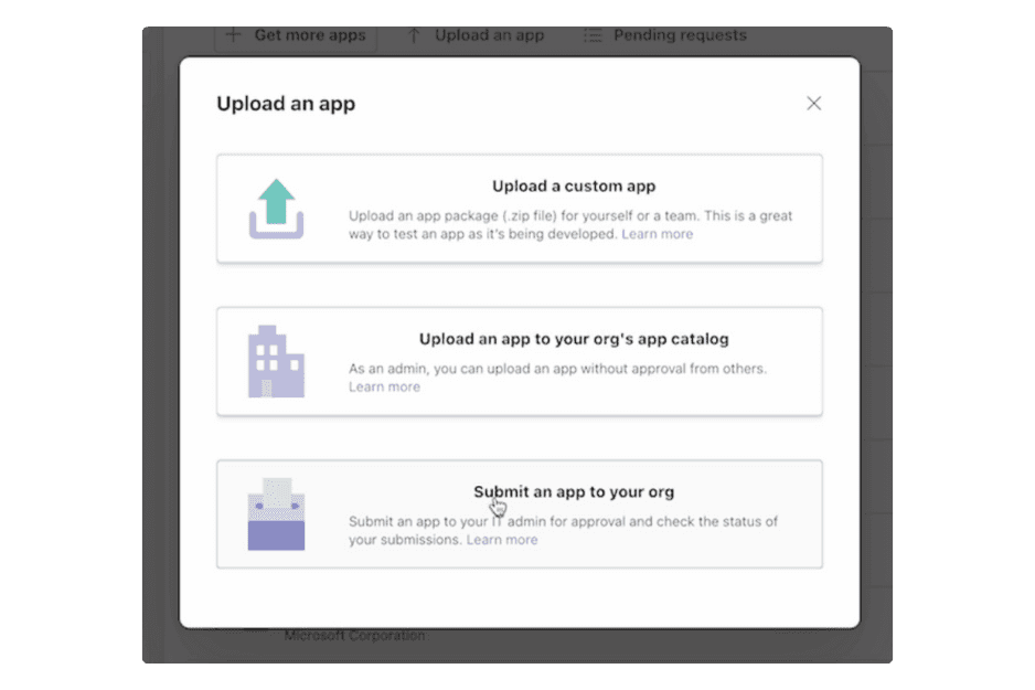 App upload dialog window from within a Microsoft Teams account