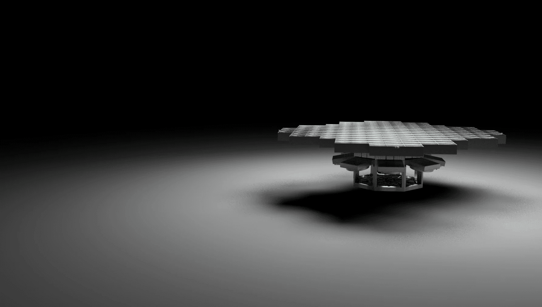 Studio render shot of a Star Catcher Network Power Node with fresnel lens collection system illuminated