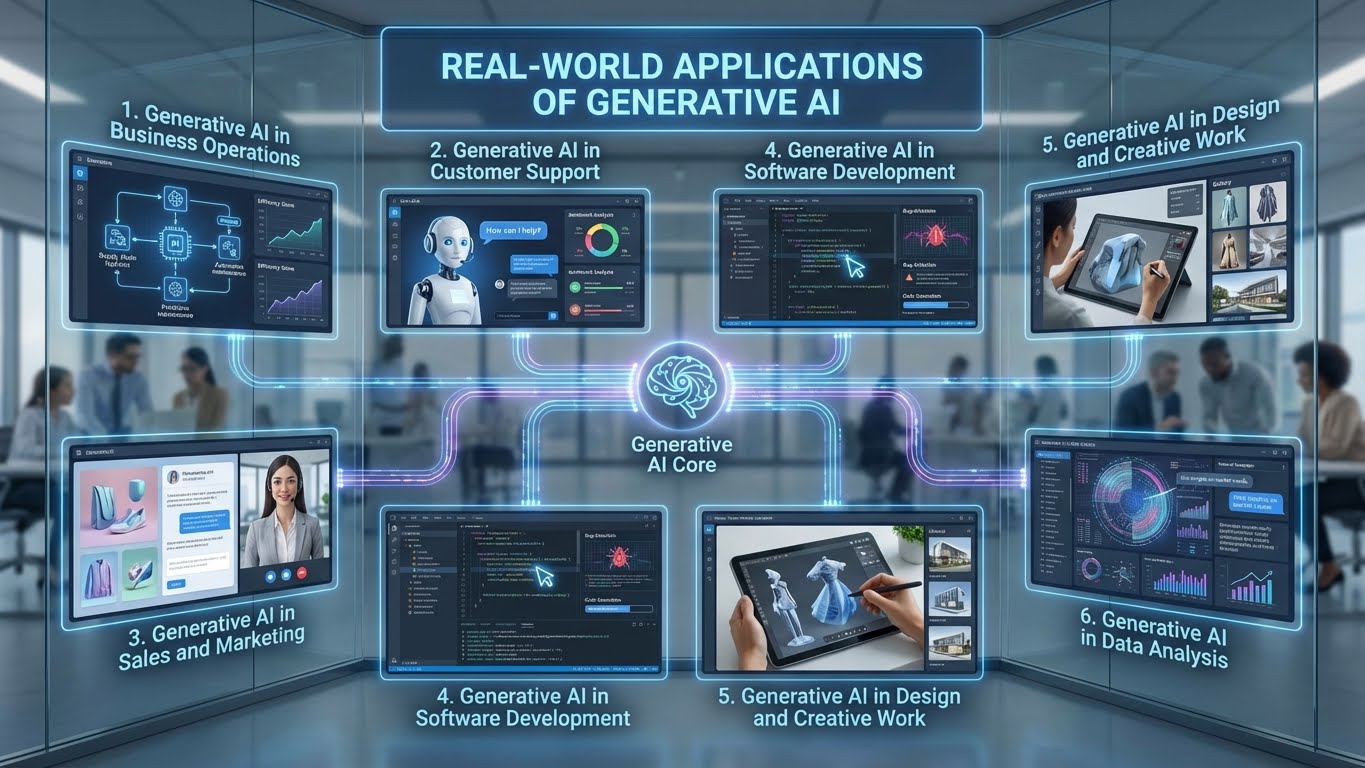 Real-world applications of generative AI showing use cases in business operations, customer support, sales and marketing, software development, design, creative work, and data analysis