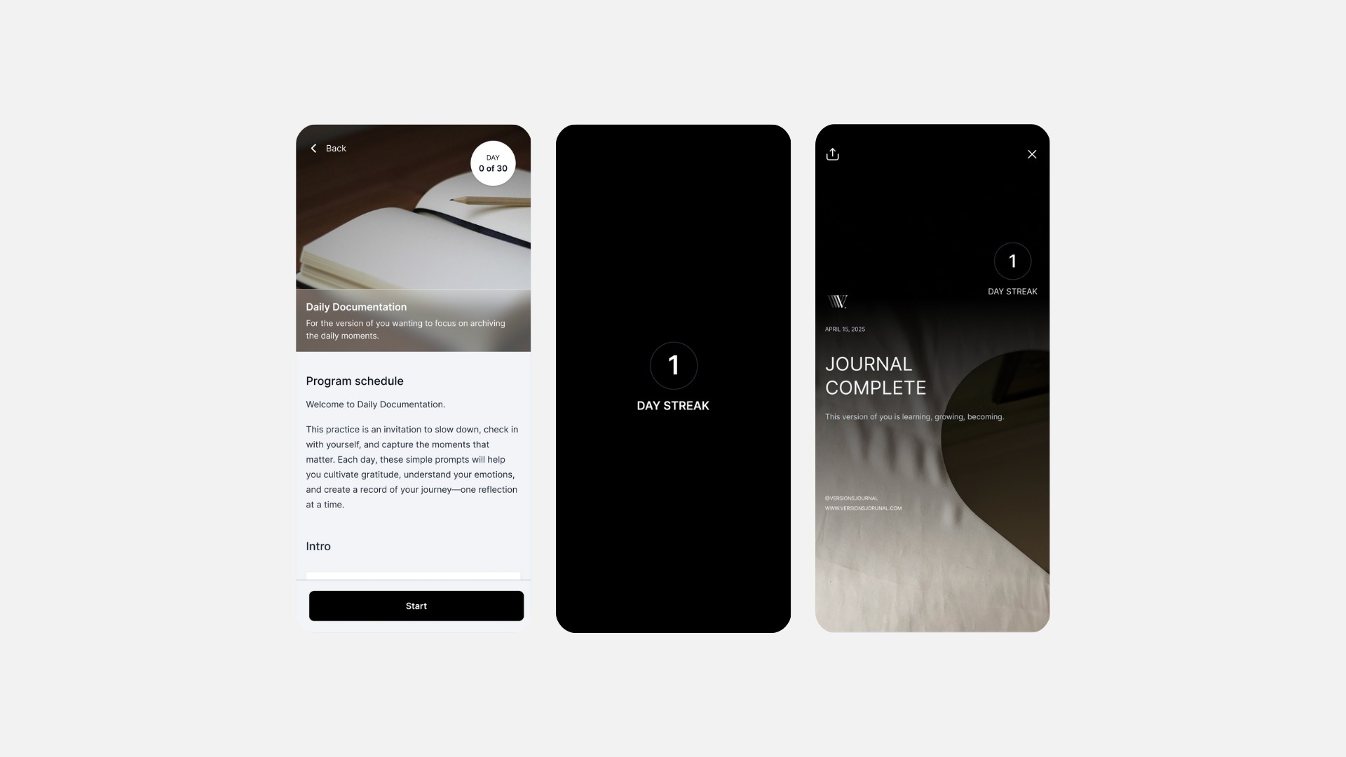 three screen shots displaying a guided journaling program and the journaling streak feature
