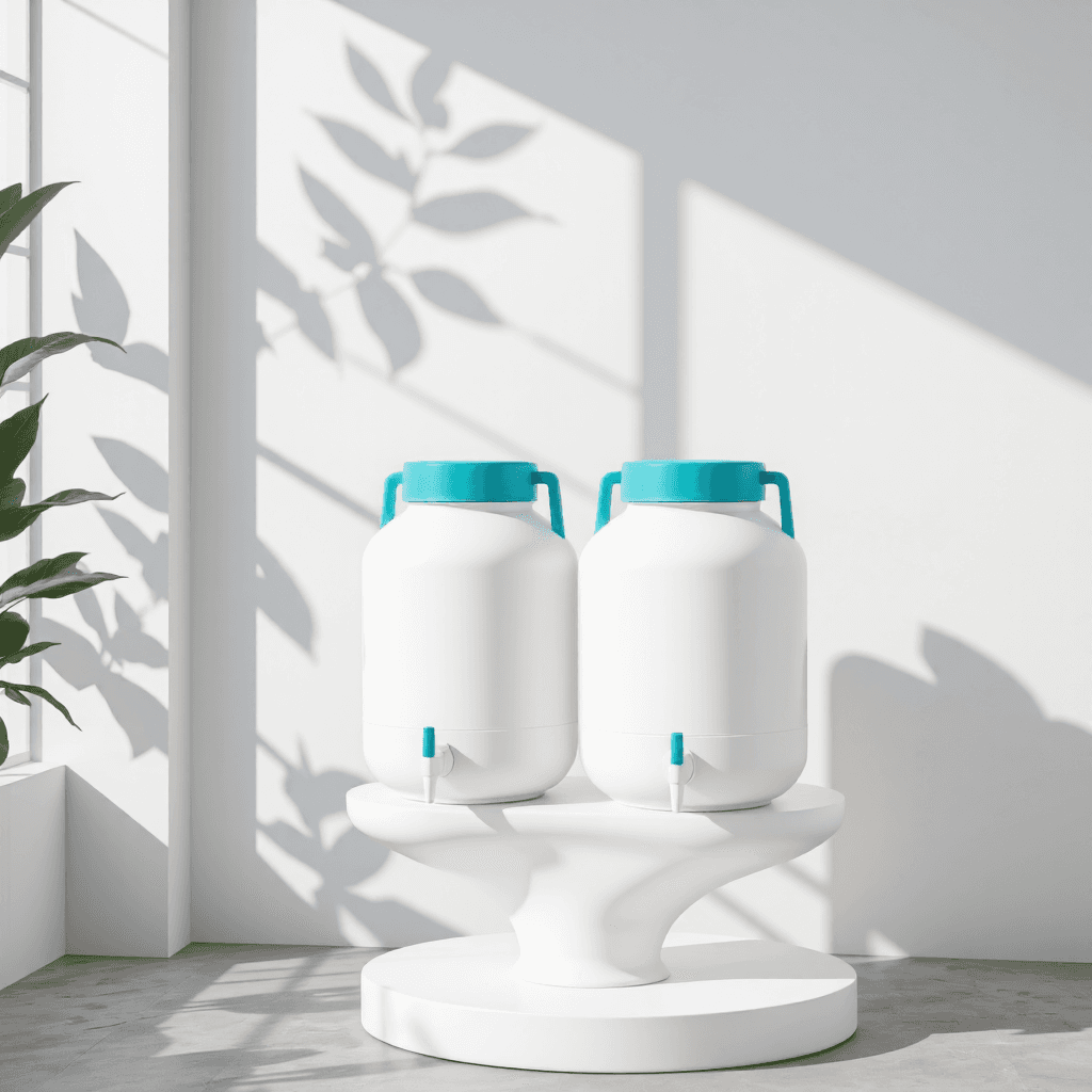 product photography of a set of plastic water storage containers