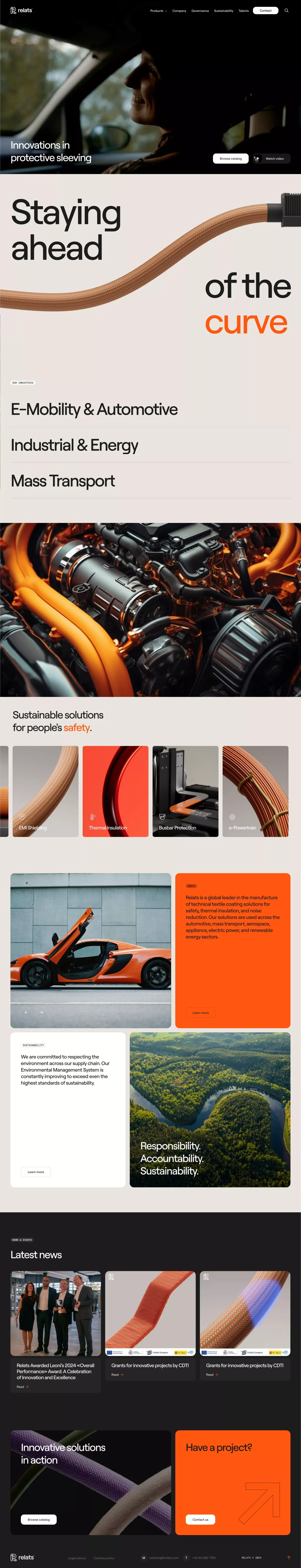 Relats: protective sleeving manufacturer landing page screenshot showcasing Automotive and Tech design