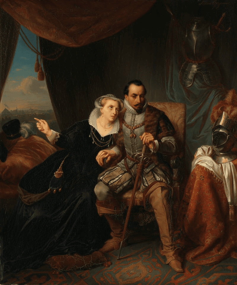 A man and woman sit closely together, dressed in period attire, surrounded by rich fabrics and elaborate decor.